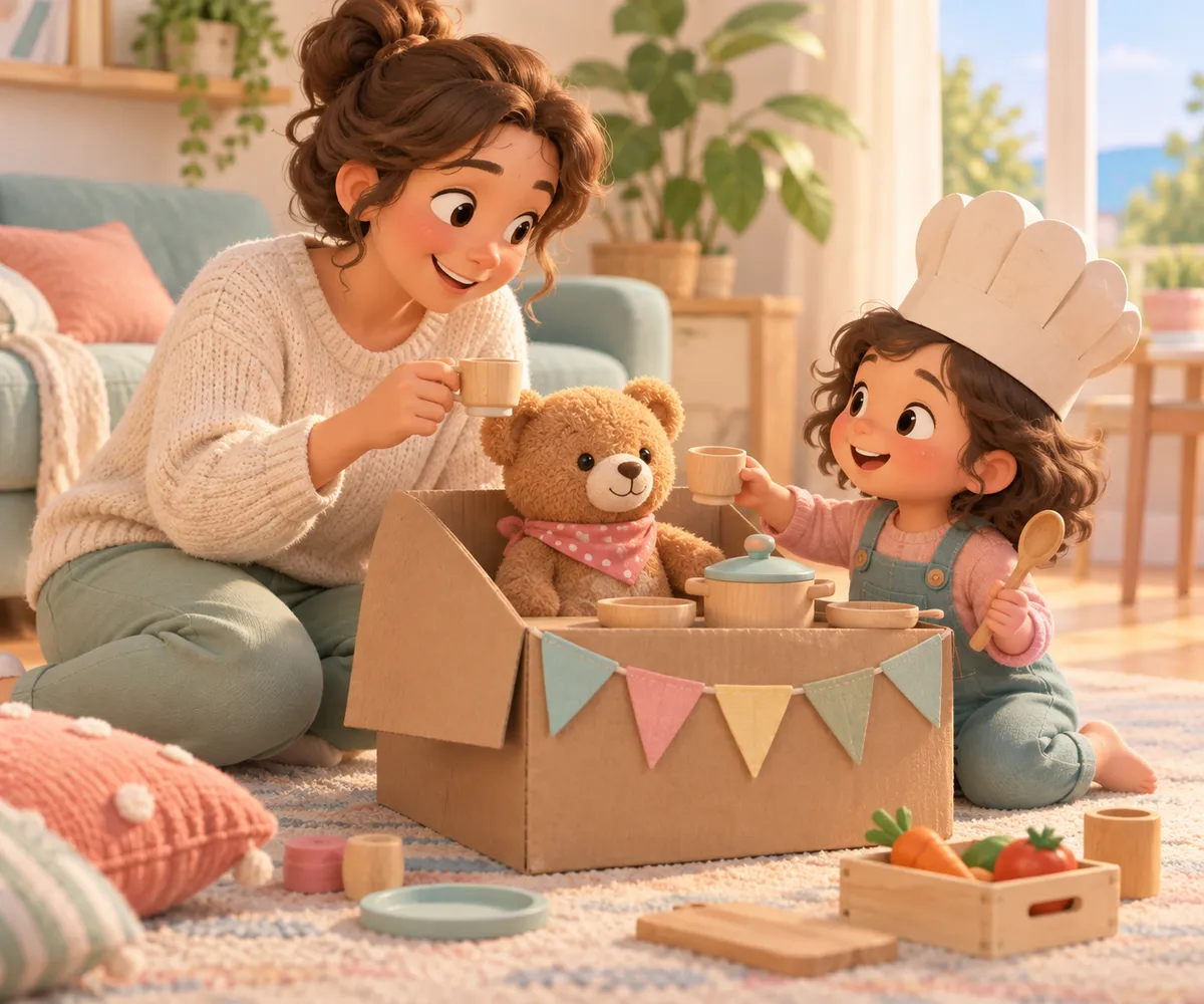 Une femme et une petite fille jouent à préparer un repas avec un ours en peluche, de la vaisselle et des légumes