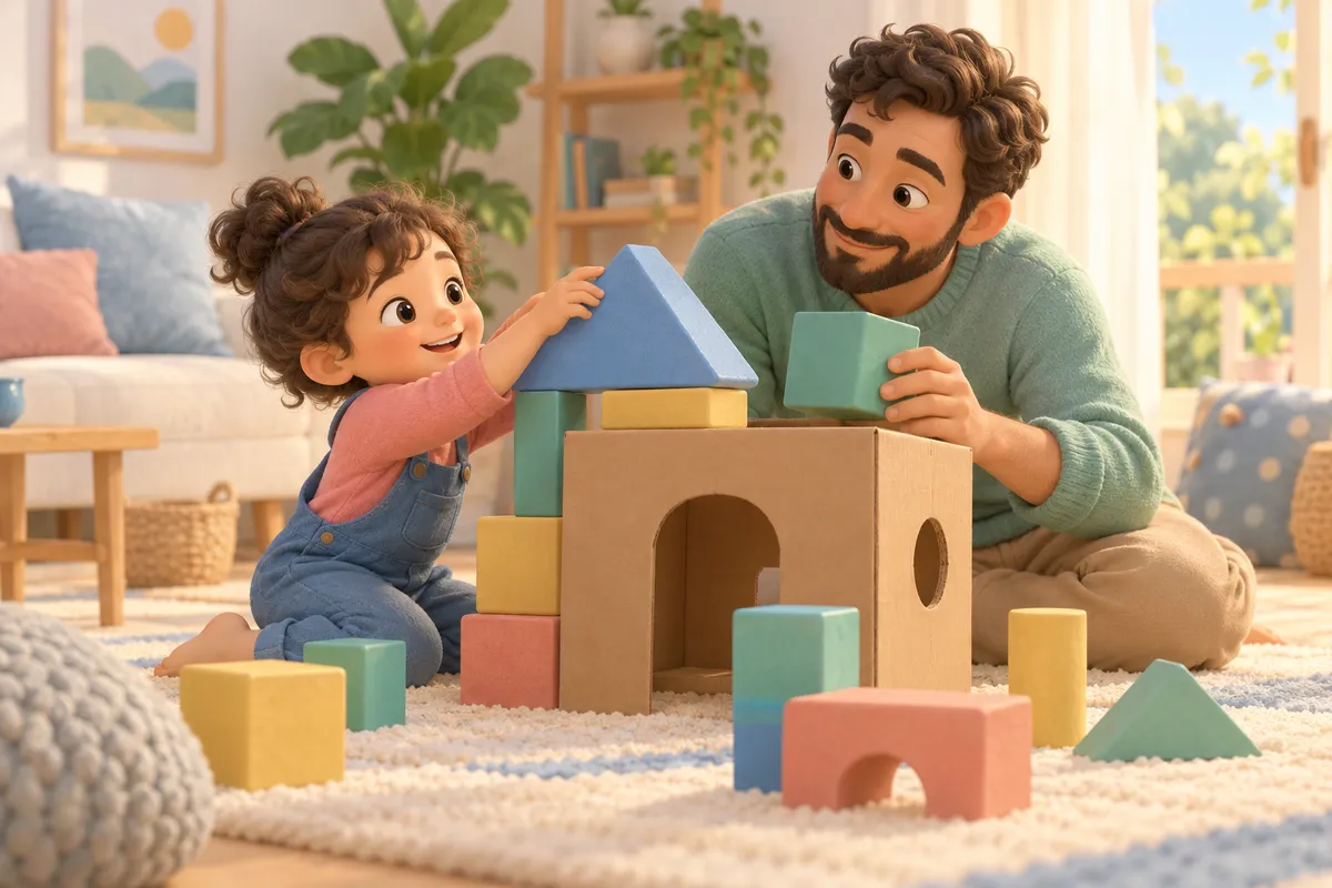 Un adulte et une petite fille construisent ensemble une maison avec des blocs colorés dans le salon
