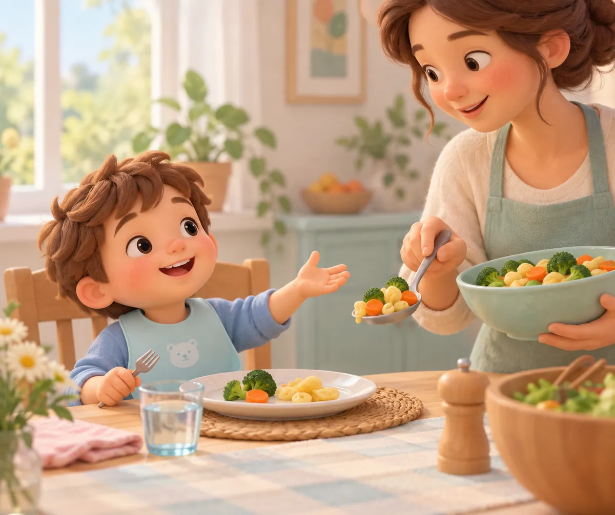 À table, un enfant tend la main tandis qu’une femme lui sert des légumes dans son assiette