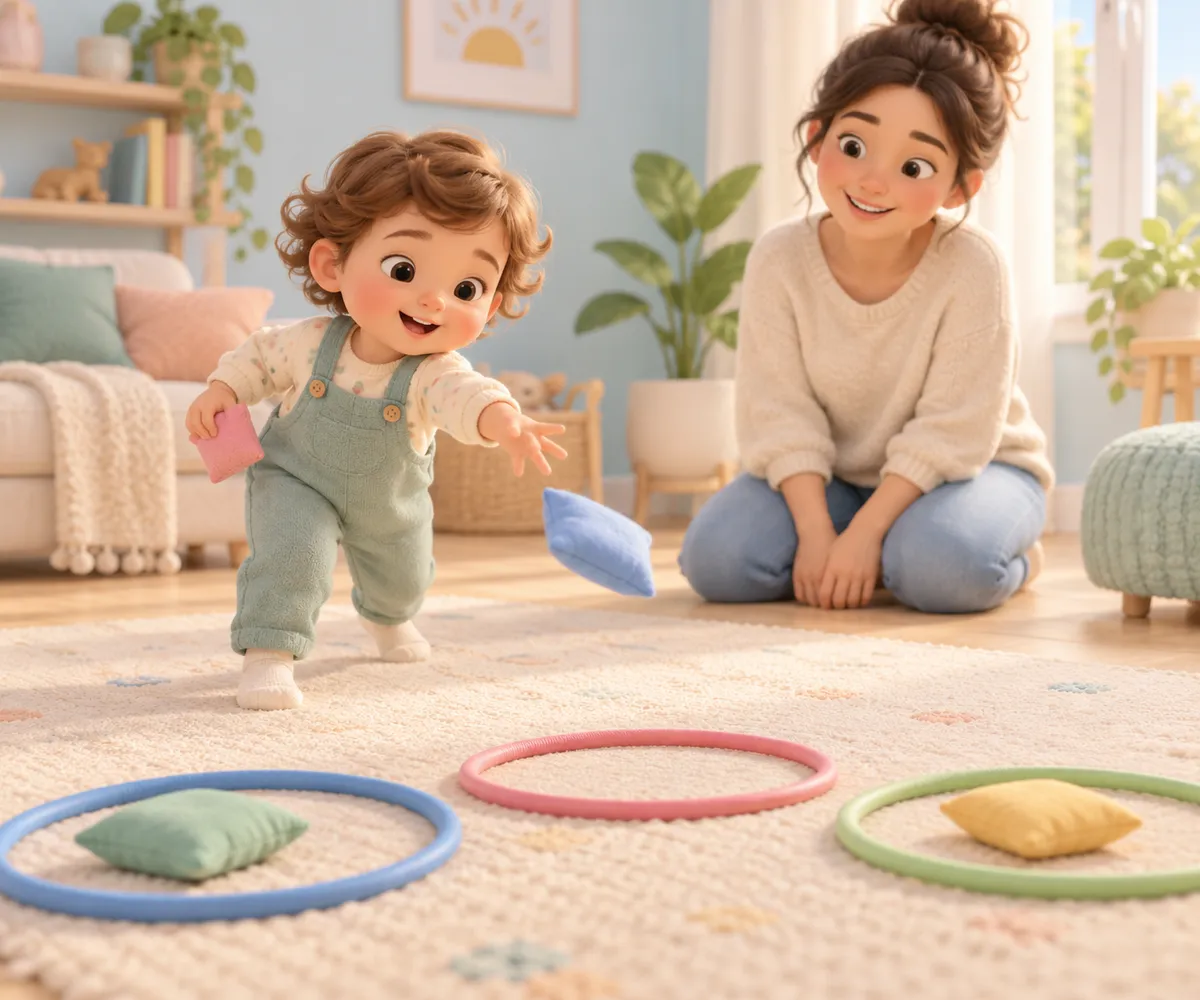 Un jeune enfant lance un sac en tissu vers des cerceaux colorés sous le regard d’une femme