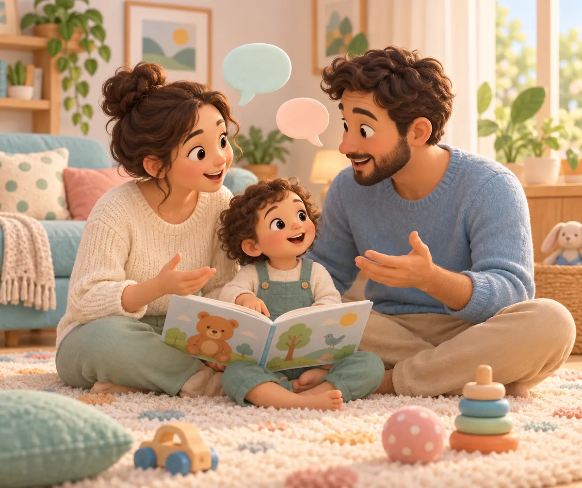 Deux parents et leur bébé lisent un livre ensemble dans le salon, avec des bulles de dialogue