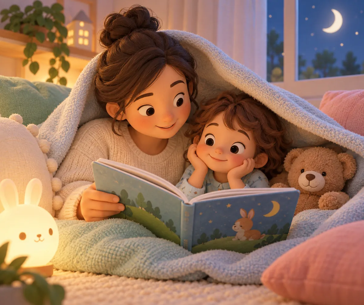 Sous une couverture, une adulte lit un livre avec un enfant dans un coin douillet près d’une fenêtre