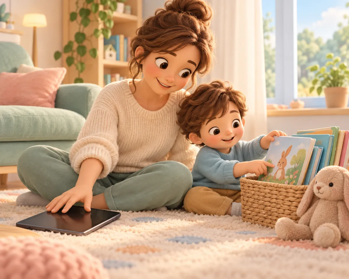 Une mère et son enfant feuillettent un livre près d’une tablette, dans un salon avec un panier de livres