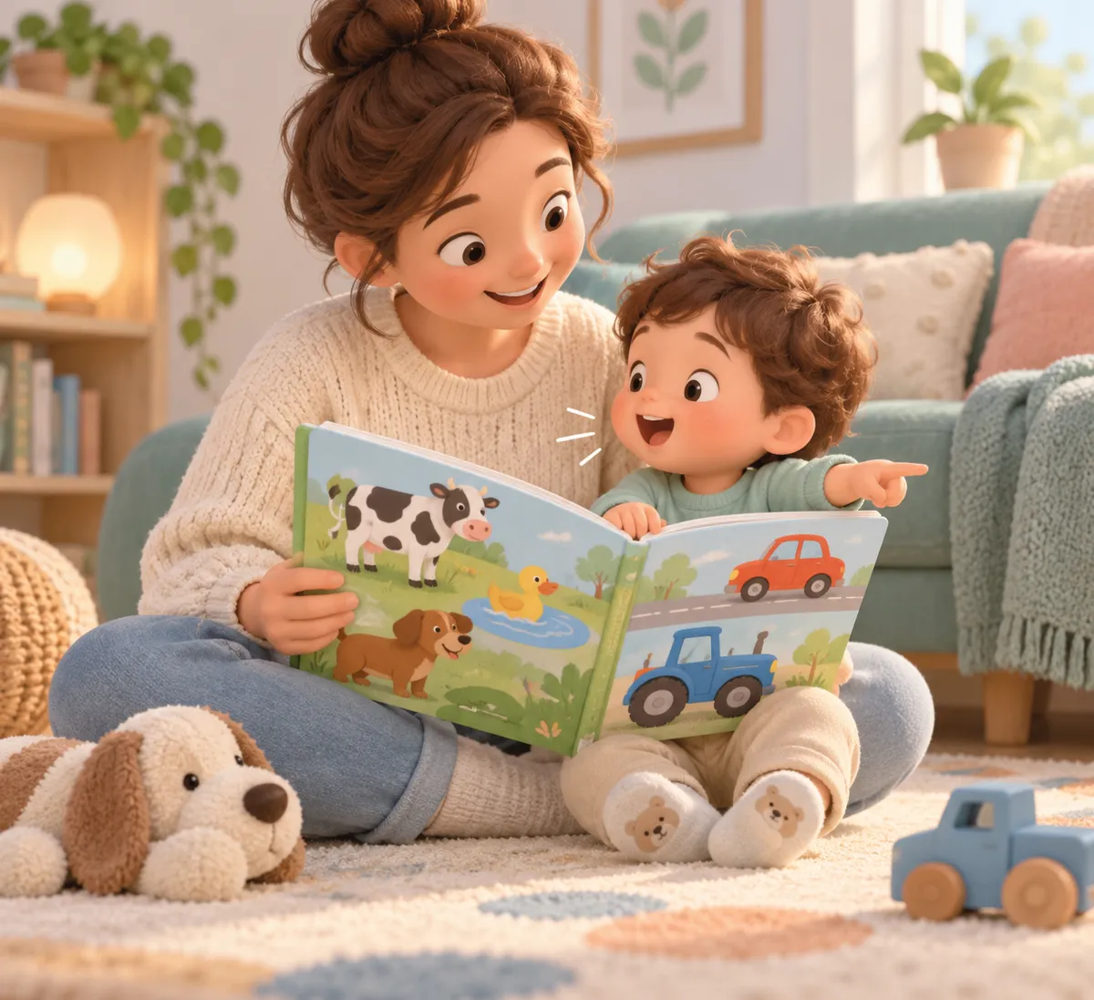 Une femme lit un livre illustré à un jeune enfant assis sur ses genoux dans un salon