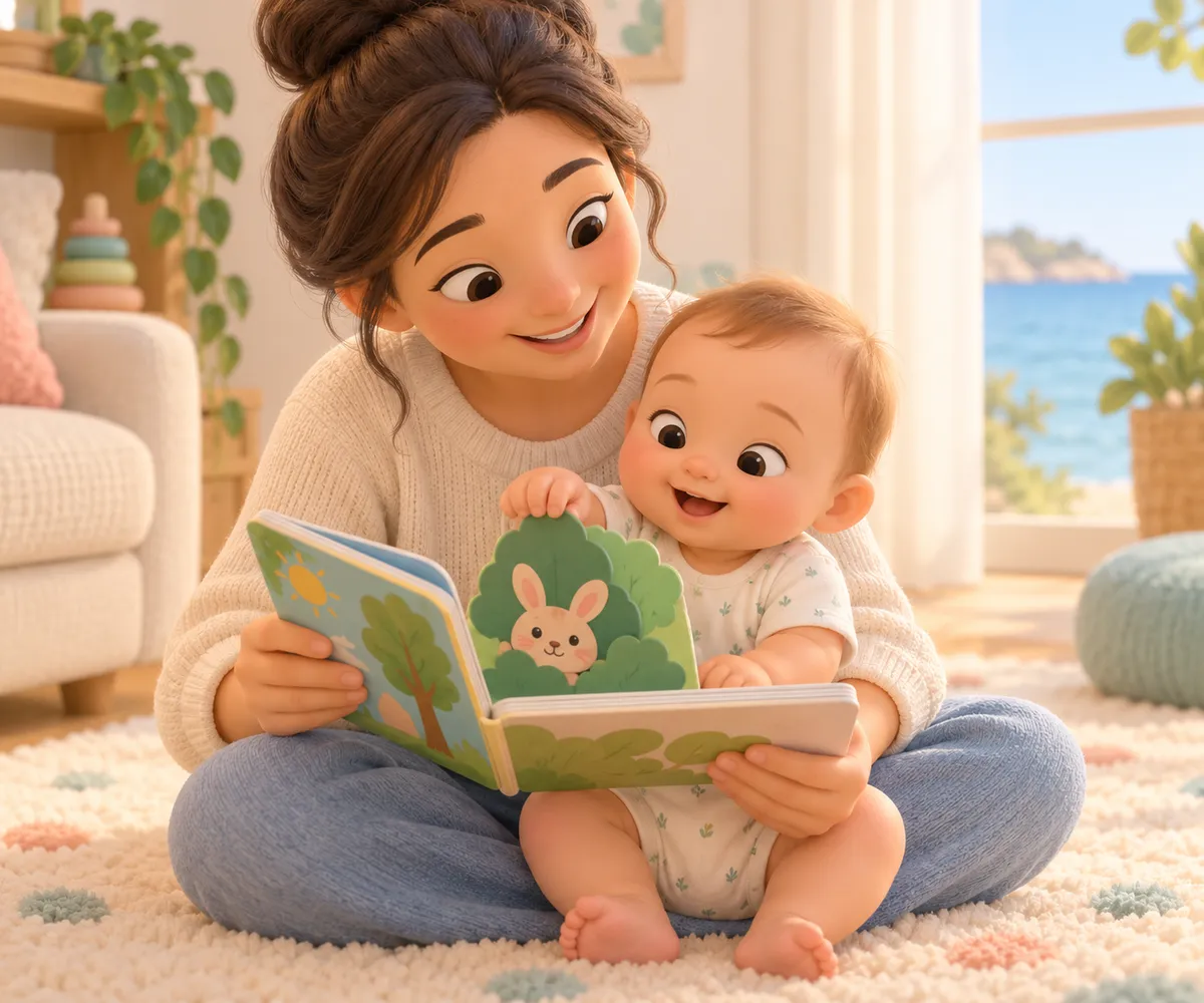 Une femme lit un livre à rabats à un bébé assis sur ses genoux, dans un salon lumineux