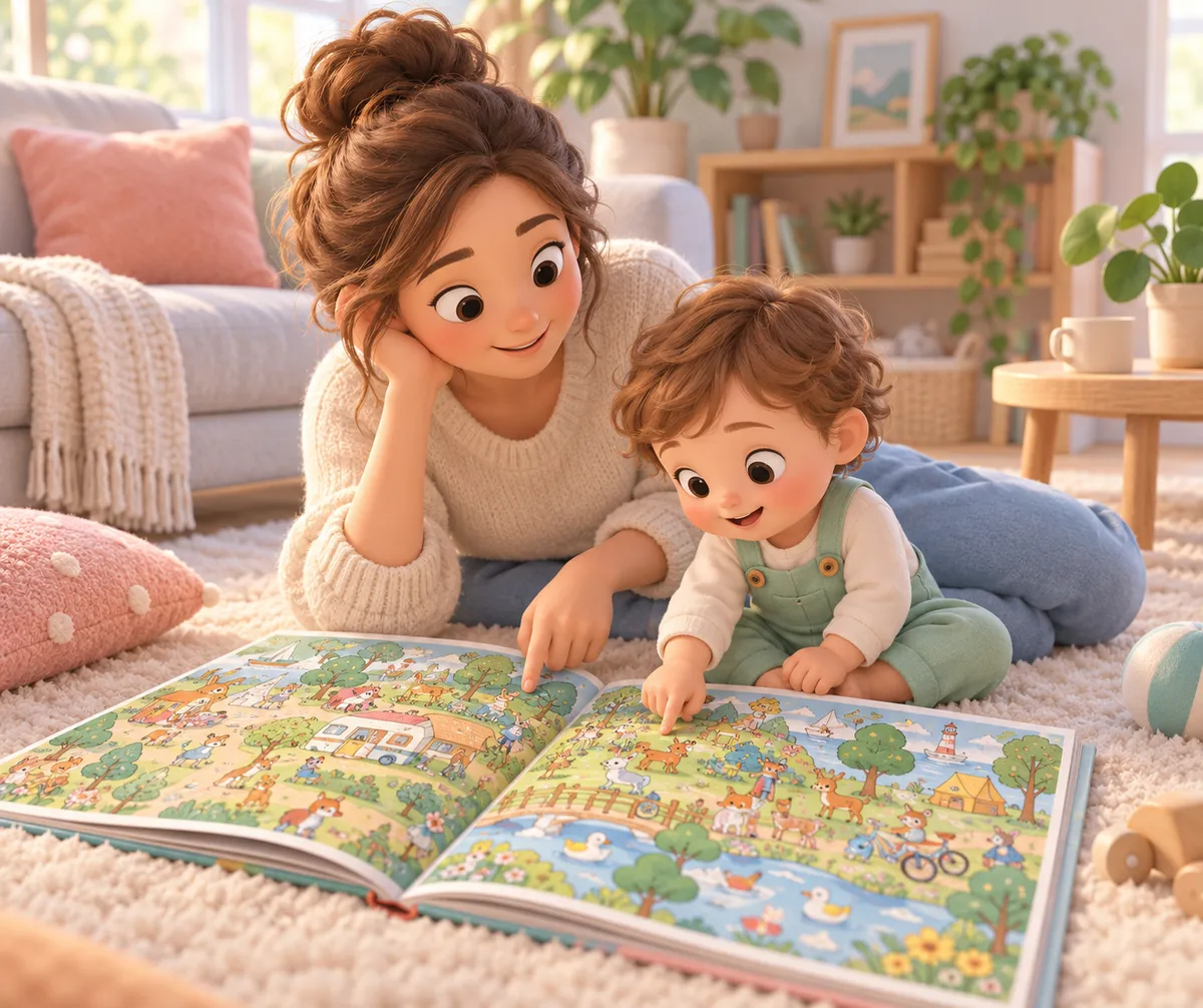 Une adulte et un jeune enfant observent un livre illustré ouvert au sol et pointent des images