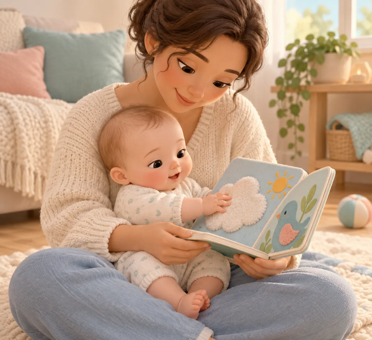 Une mère assise tient un livre sensoriel en carton souple que son bébé touche avec curiosité