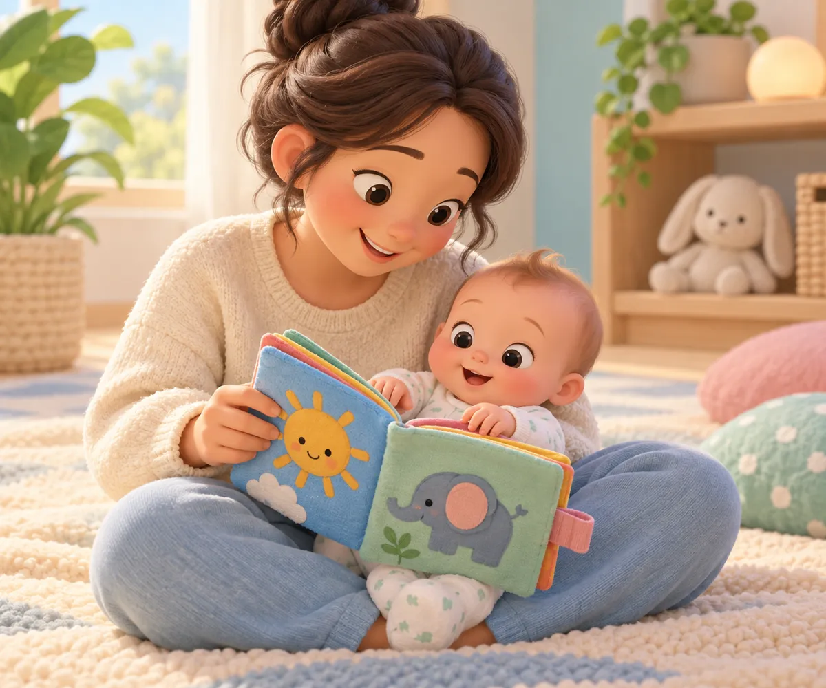 Une mère et son bébé feuillettent un livre en tissu coloré, assis sur un tapis dans une chambre