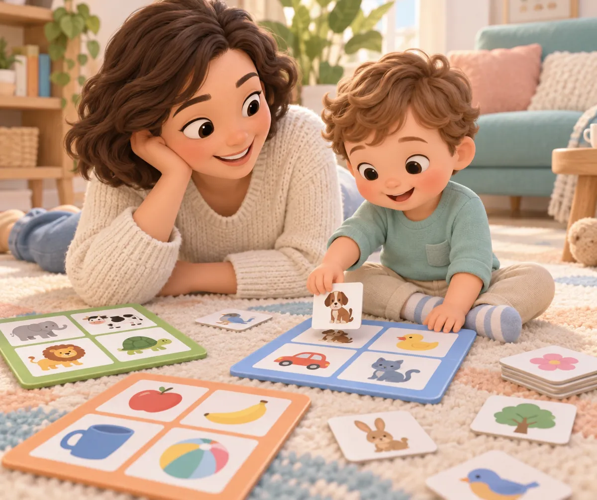 Une mère et un jeune enfant jouent au loto des images sur un tapis, entourés de planches et de cartes illustrées