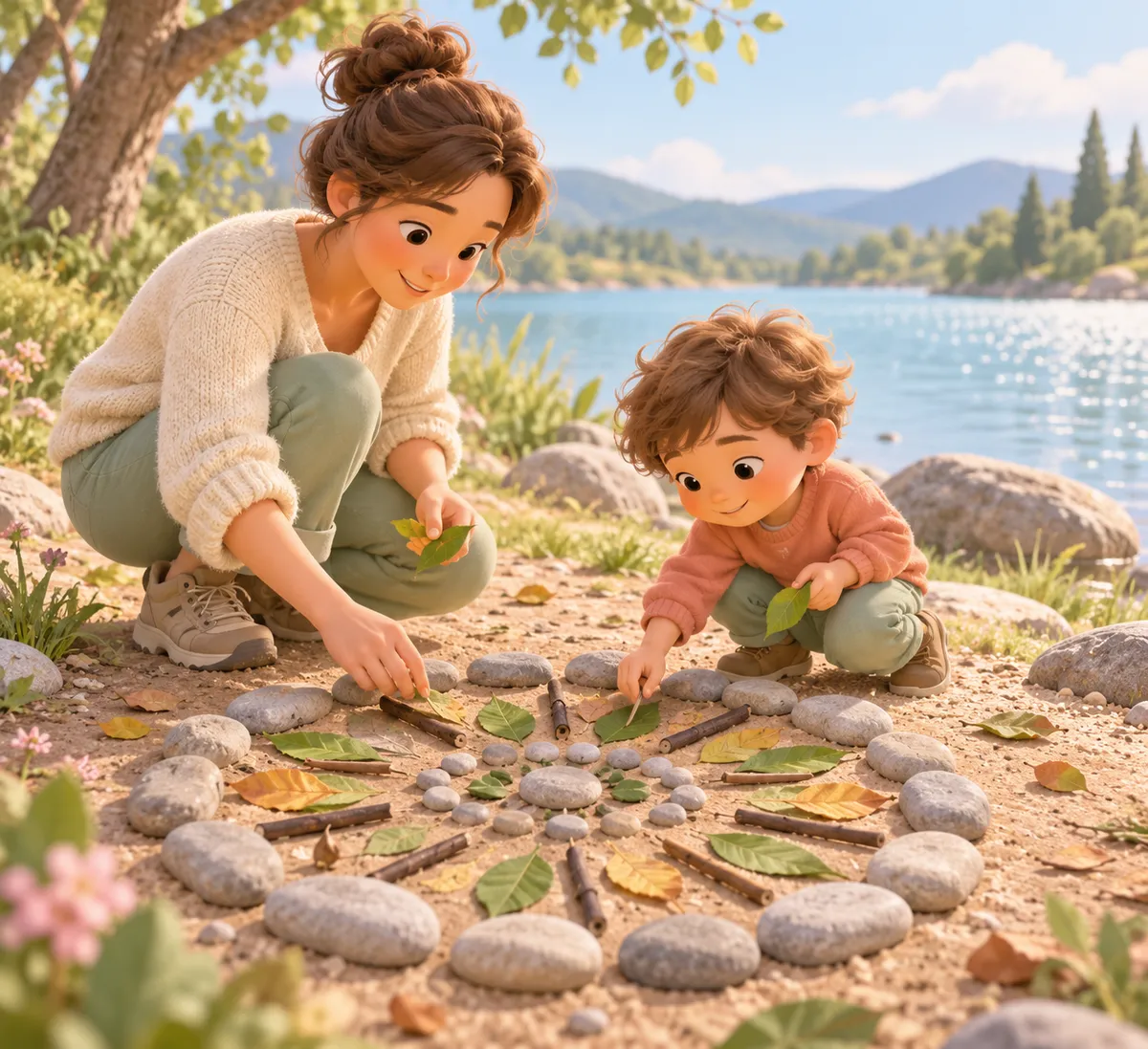 Une mère et un enfant composent un mandala avec des feuilles, des cailloux et des brindilles au bord d’un lac