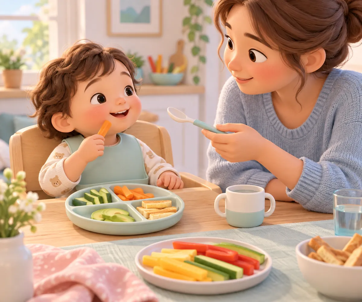 Un jeune enfant mange des légumes avec les doigts tandis qu’un adulte lui propose une cuillère à table