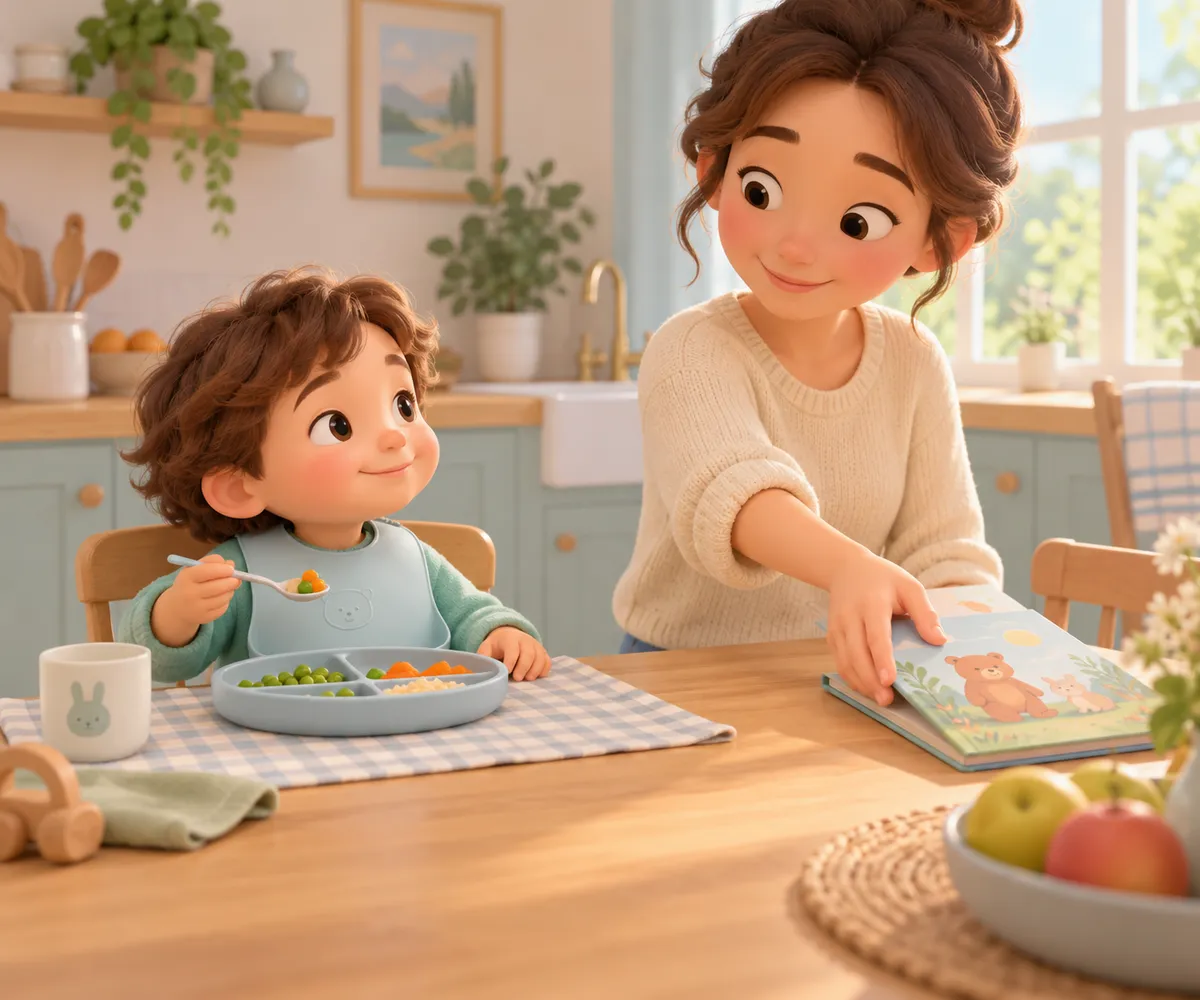 Un jeune enfant mange des légumes à table tandis qu’une femme lui montre un livre dans la cuisine