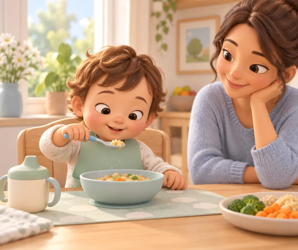 Un jeune enfant mange seul à la cuillère dans sa chaise haute, sous le regard d’une femme, avec un bol et des légumes