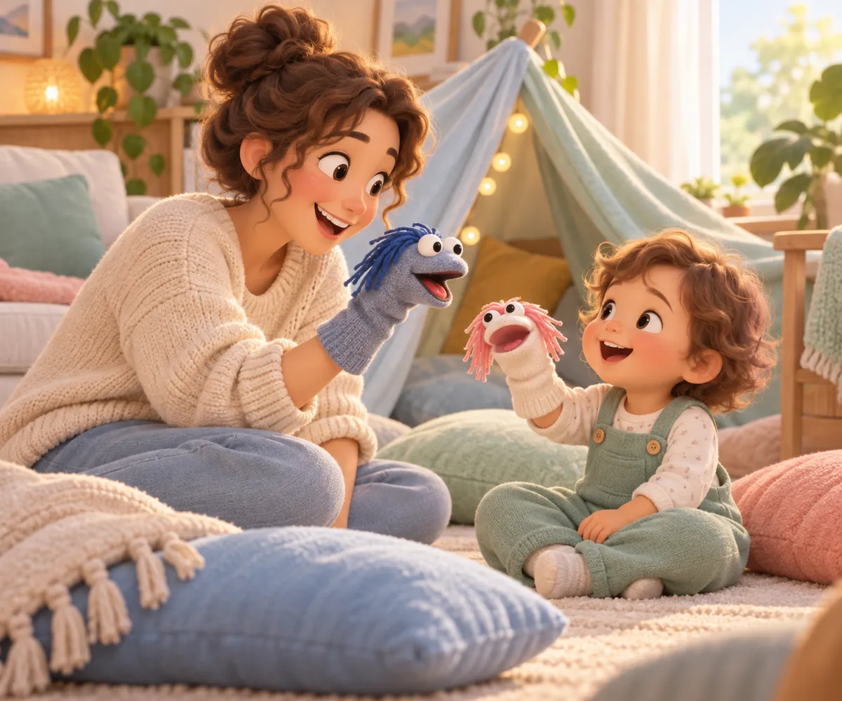 Une femme et un jeune enfant jouent avec des marionnettes à chaussettes dans une chambre avec une tente