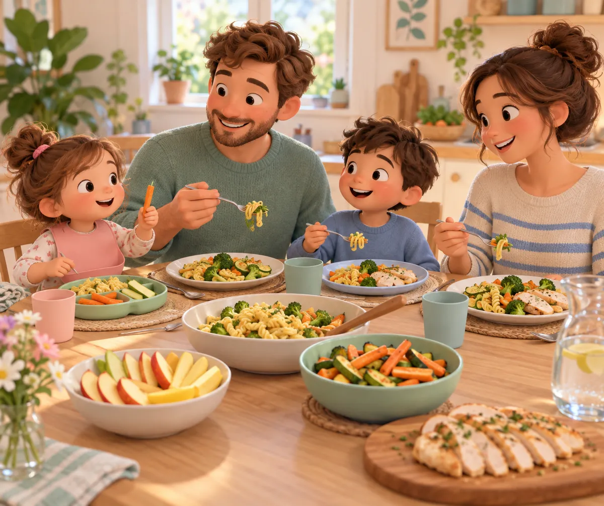 Une famille partage un repas à table, avec des assiettes de pâtes, légumes, poulet et fruits