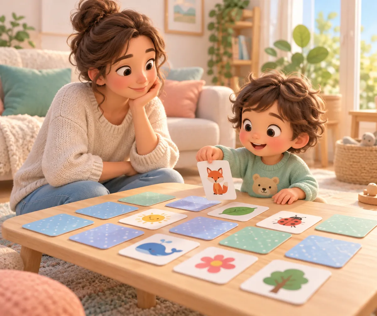 Une mère et un enfant jouent au memory avec de grandes cartes illustrées autour d’une table