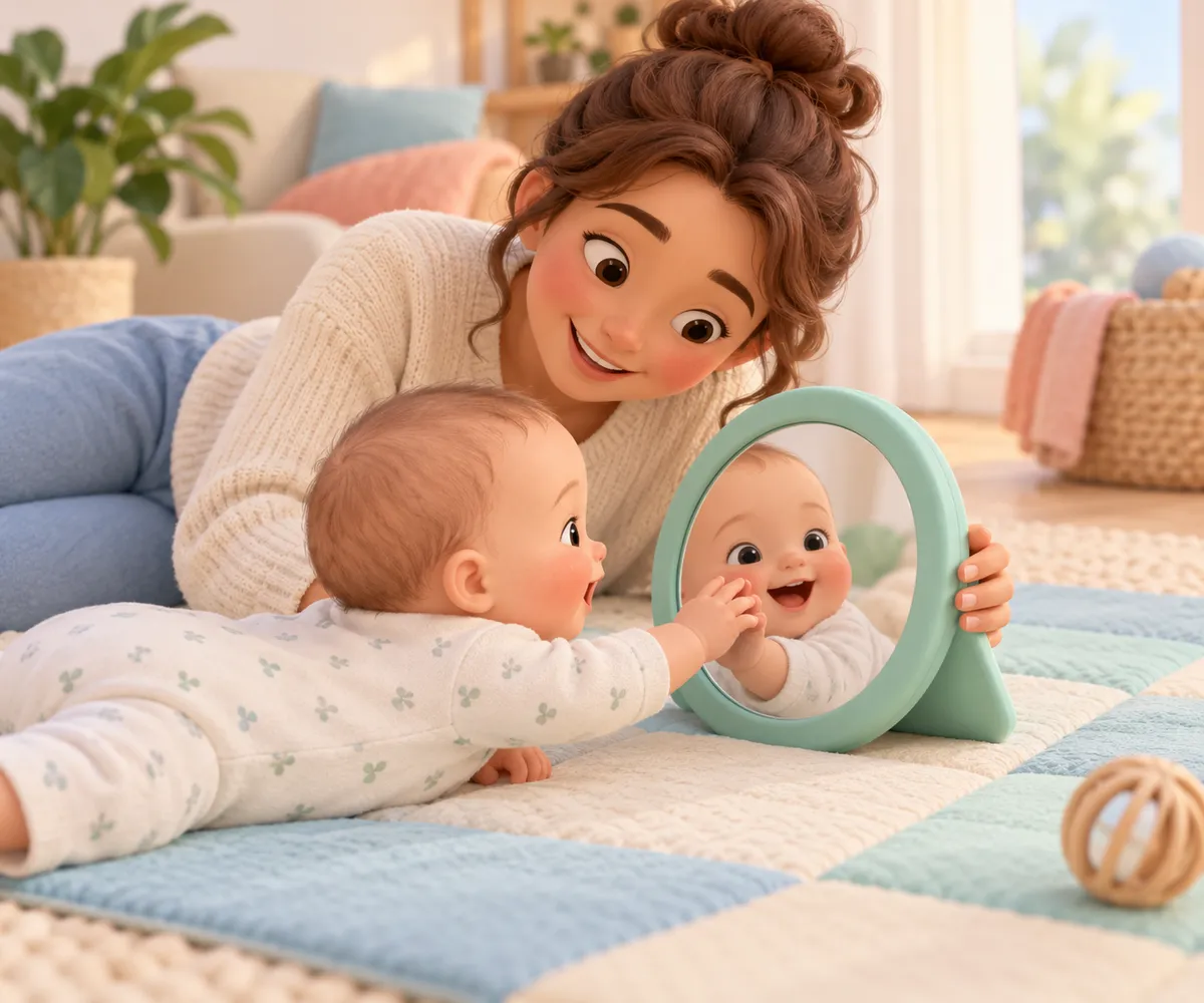 Une mère montre un miroir incassable à son bébé allongé, qui touche son reflet sur un tapis