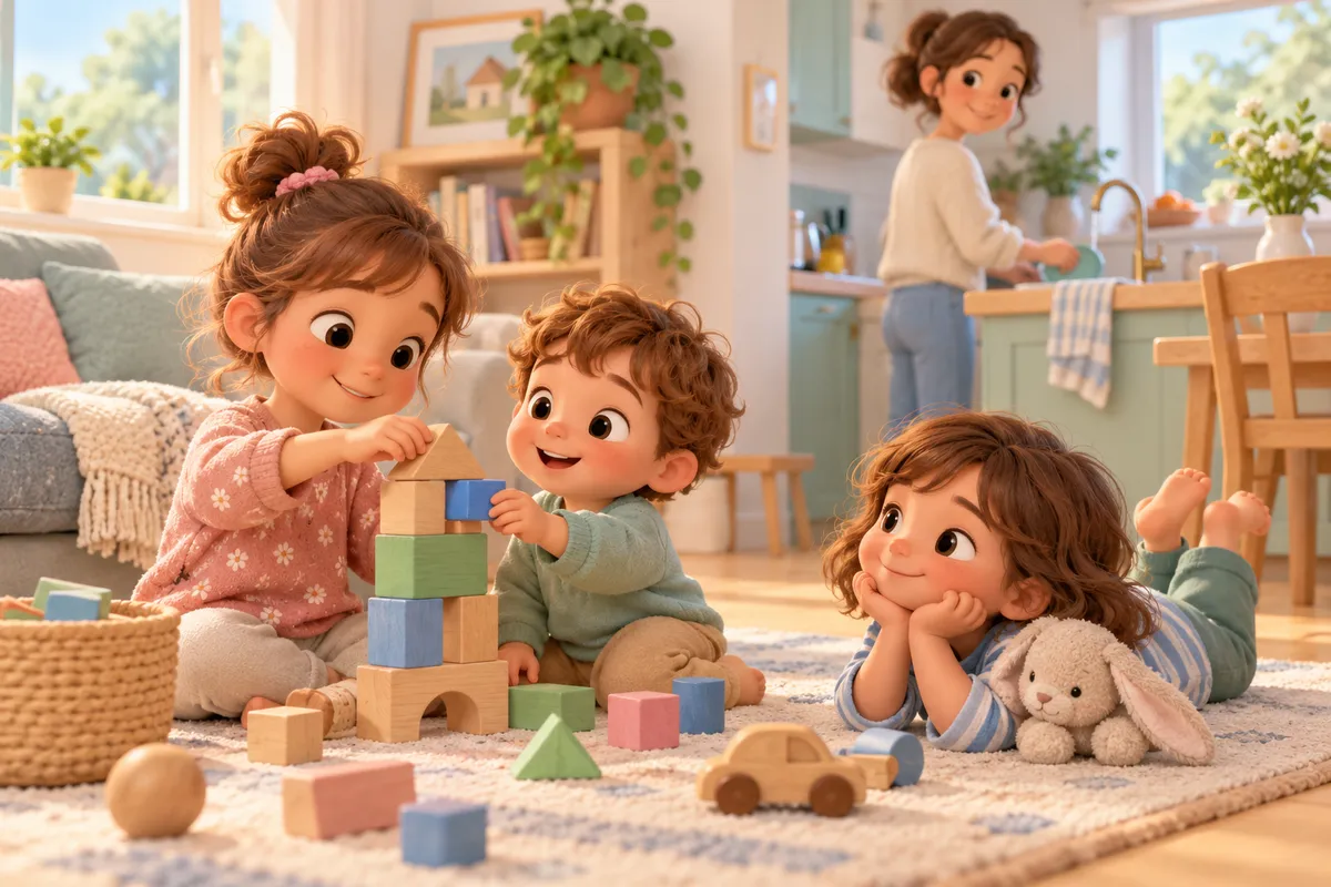 Trois enfants jouent ensemble avec des cubes et des jouets sur un tapis, tandis qu’une adulte cuisine