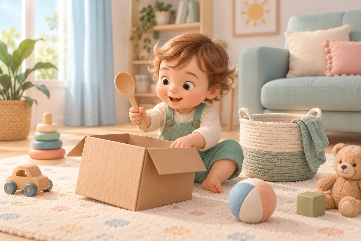 Un jeune enfant assis sur un tapis explore une boîte en carton avec une cuillère, entouré de jouets