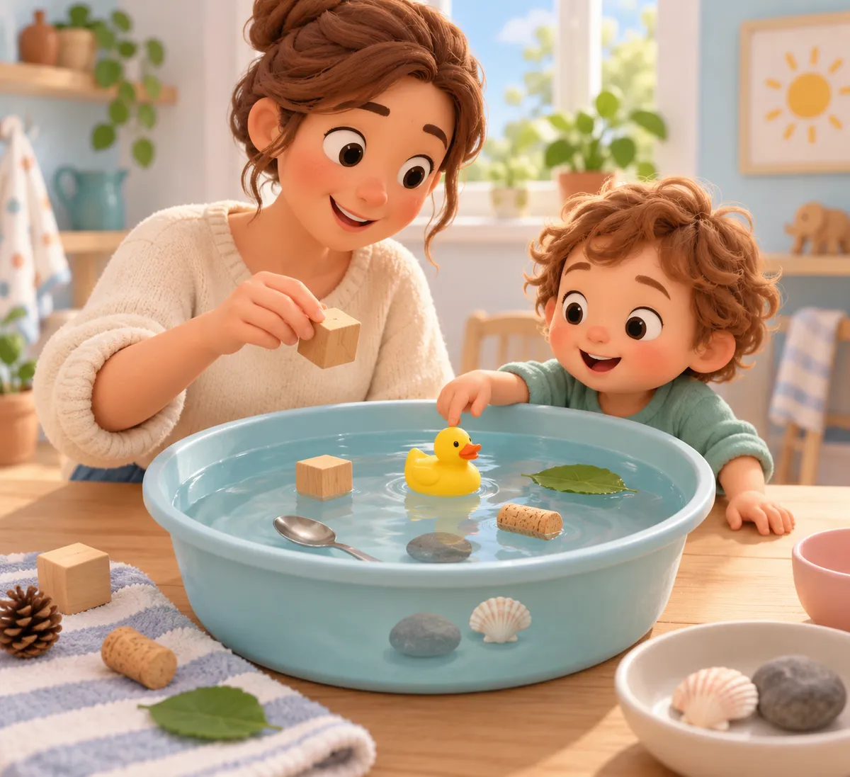 Une mère et un enfant testent des objets flottants ou coulants dans un bac d’eau à la maison