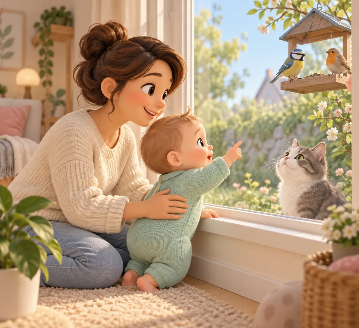 Une mère accompagne son bébé qui montre des oiseaux et un chat visibles par la fenêtre