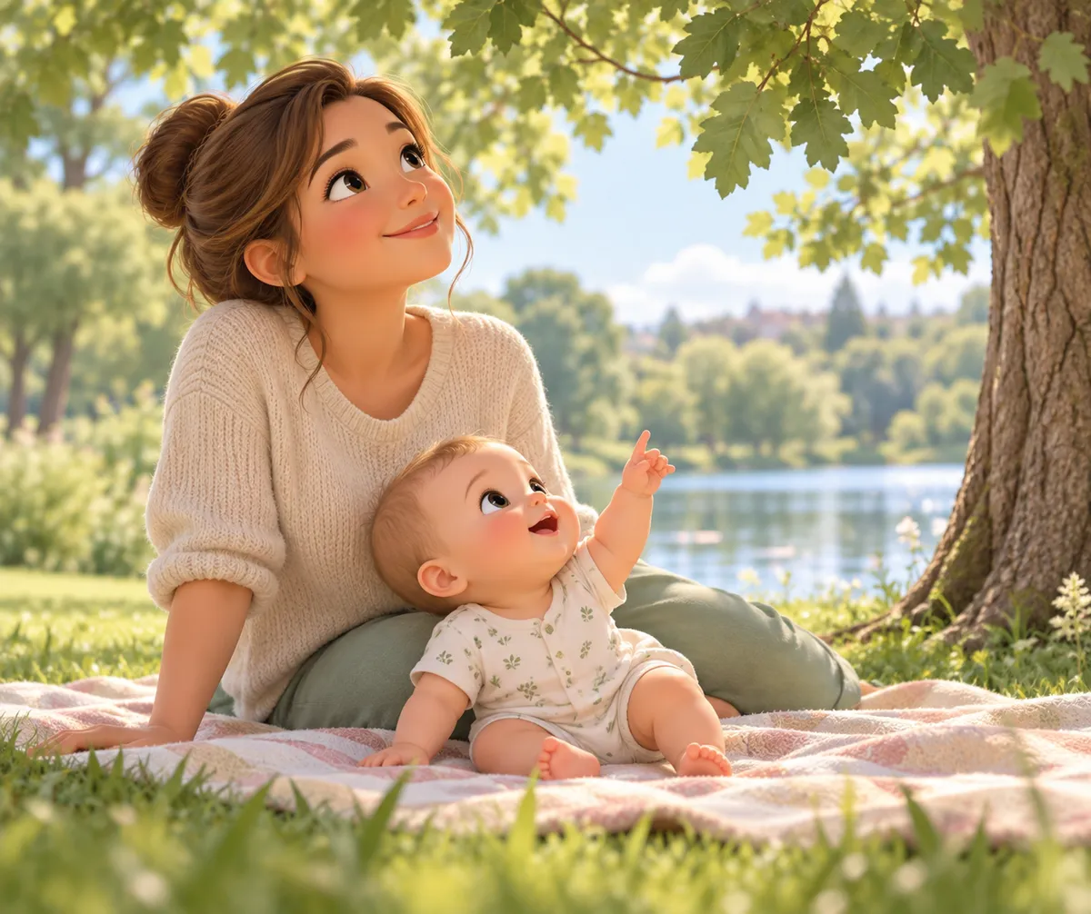 Une mère assise sur une couverture avec son bébé qui montre les feuilles sous un arbre près d’un lac