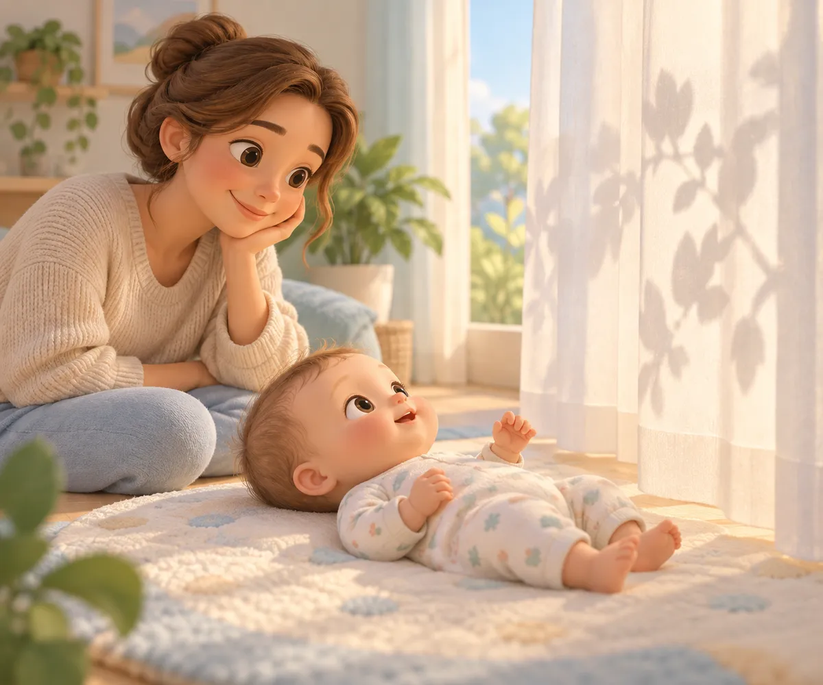 Une mère observe un bébé allongé sur un tapis, attiré par les ombres projetées par un rideau