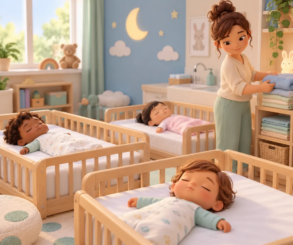 Une adulte range du linge auprès de trois jeunes enfants endormis dans des lits, dans une chambre