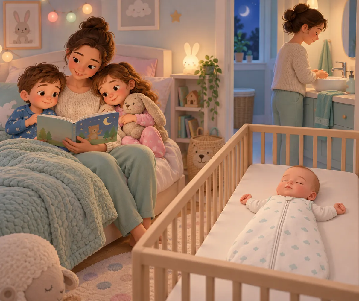 Une mère lit une histoire à deux enfants en pyjama, près d’un bébé couché dans son berceau