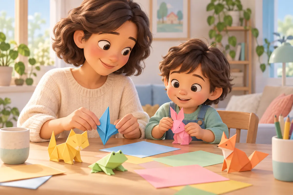 Une femme et un enfant plient des animaux en origami colorés autour d’une table couverte de papiers