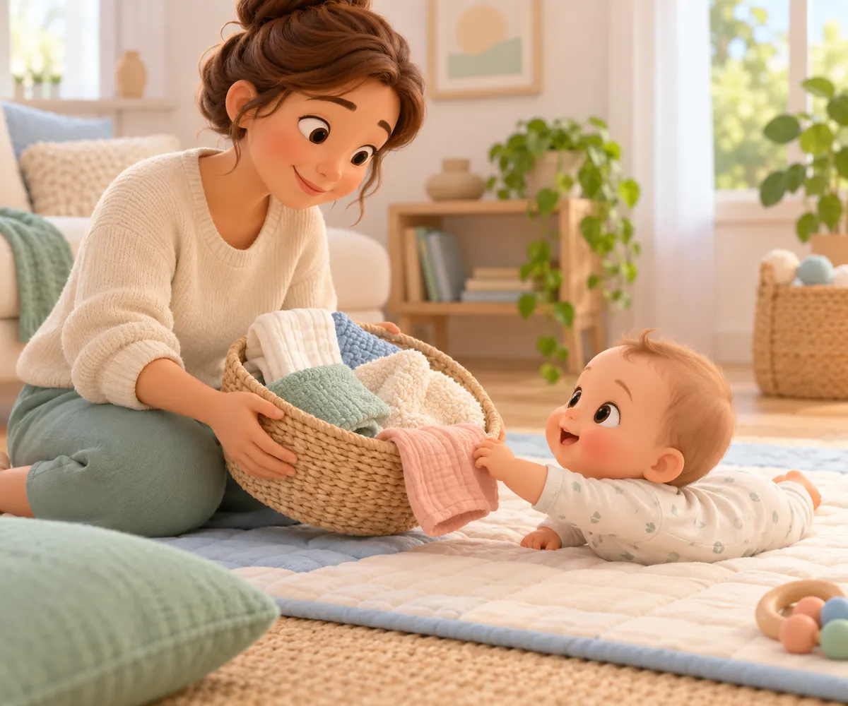 Une femme présente un panier de tissus colorés à un bébé allongé sur un tapis, qui en attrape un morceau