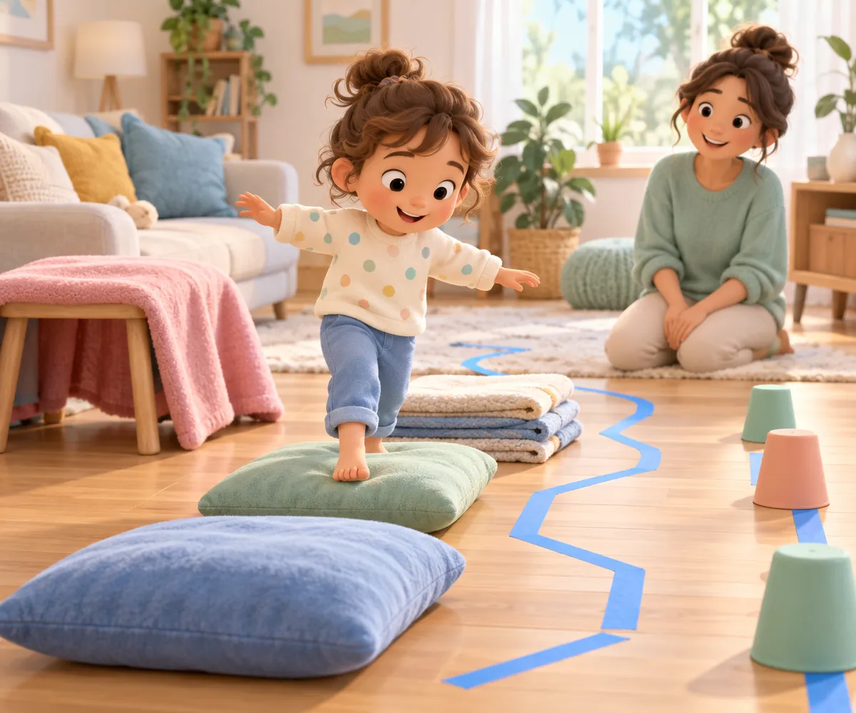Un enfant suit un parcours de motricité entre coussins et plots, sous le regard d’une adulte dans le salon