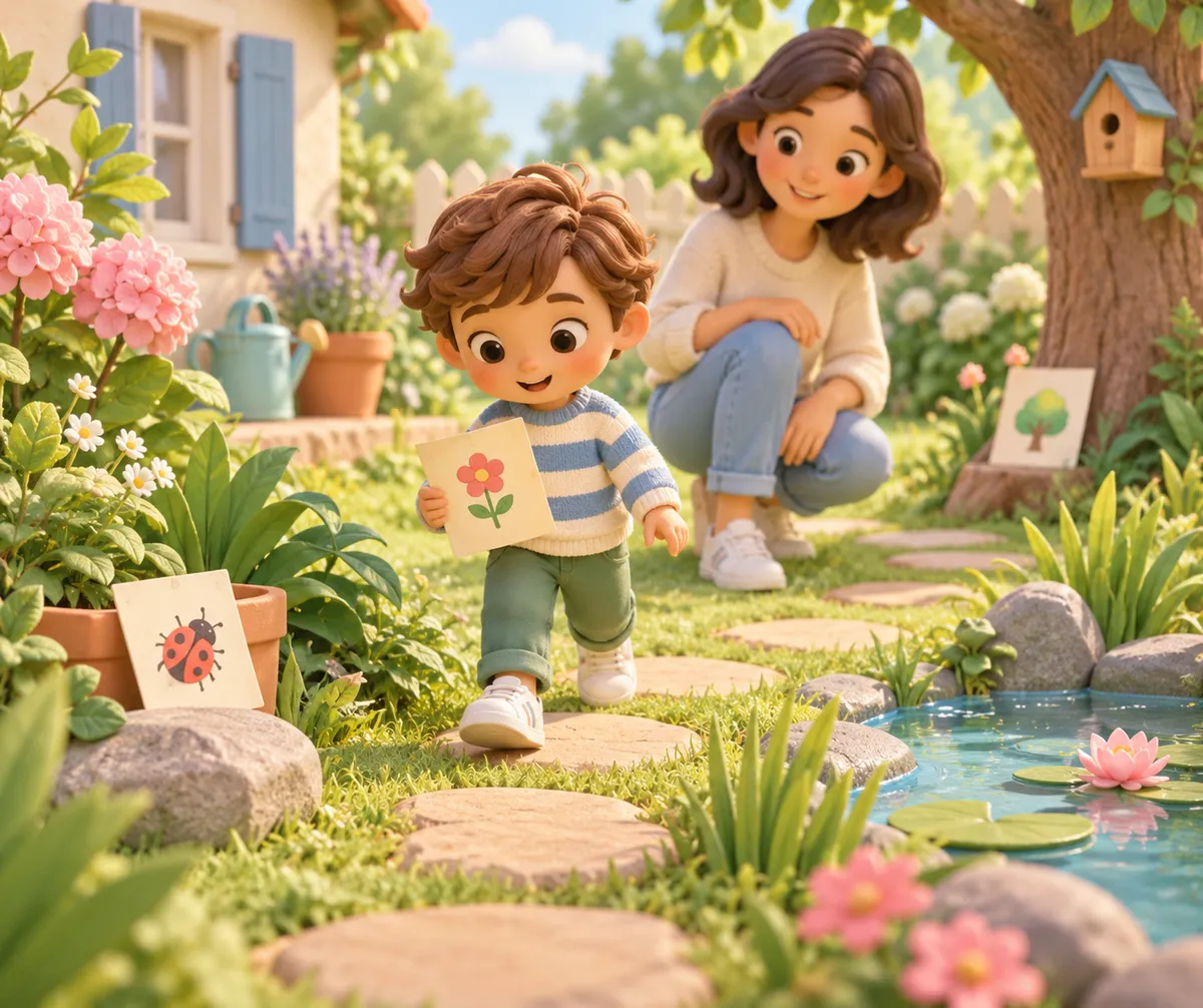 Un enfant avance dans un jardin avec une carte fleur, suivi d’une femme près d’un bassin et d’indices illustrés