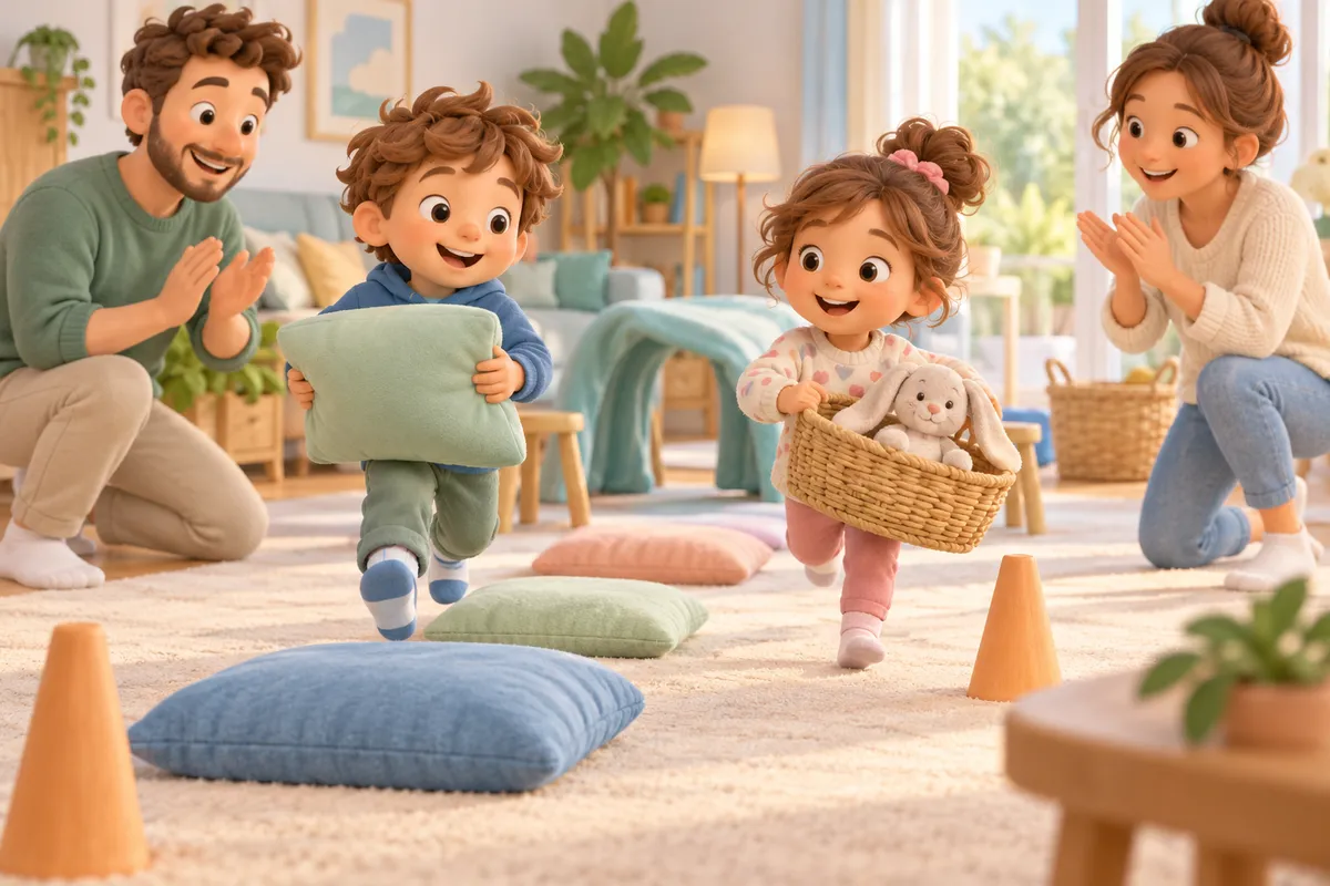 Deux enfants courent dans le salon entre des coussins et des cônes, sous les applaudissements de leurs parents