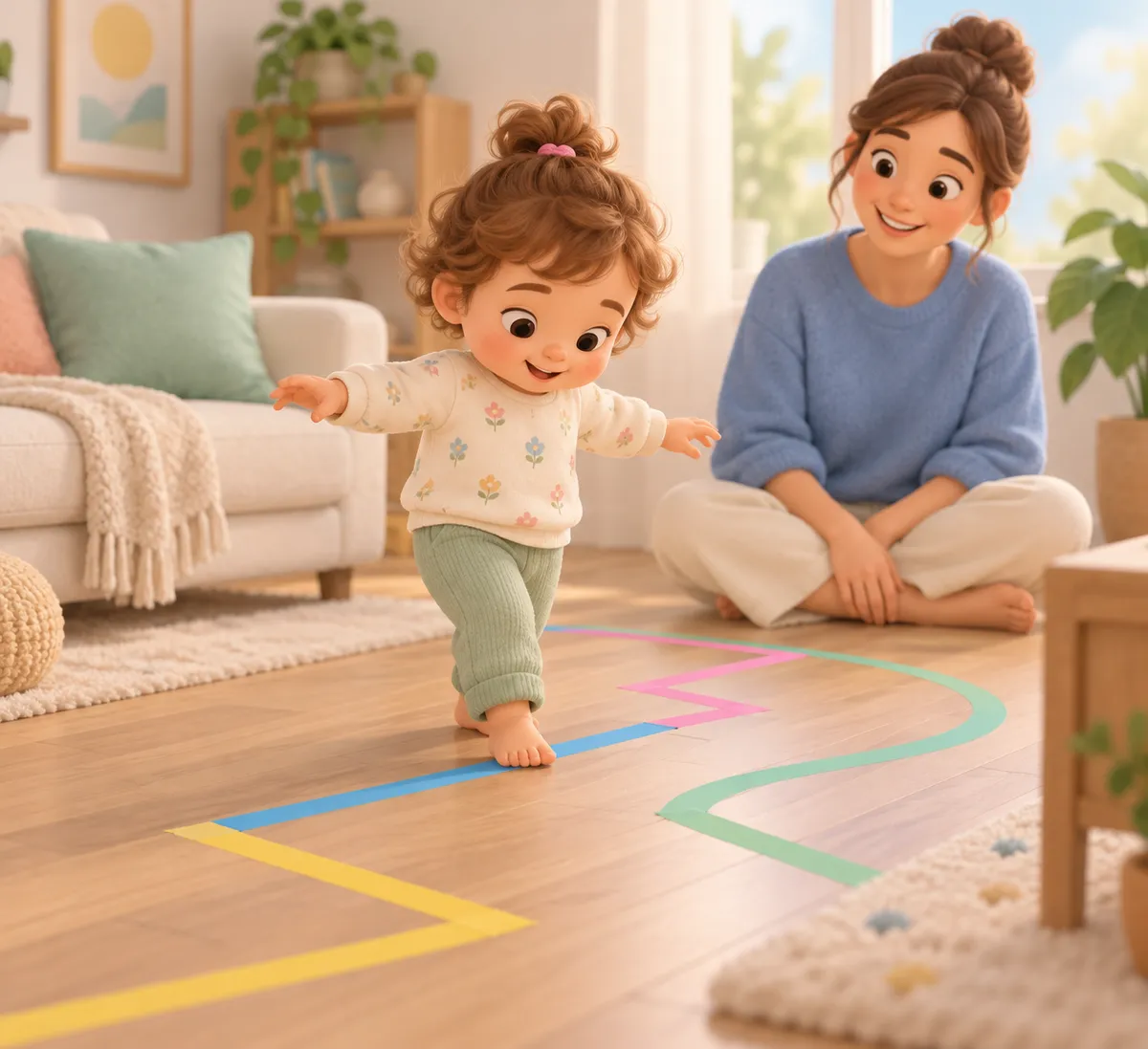 Un jeune enfant suit un parcours de ruban coloré au sol dans le salon, sous le regard d’une adulte assise