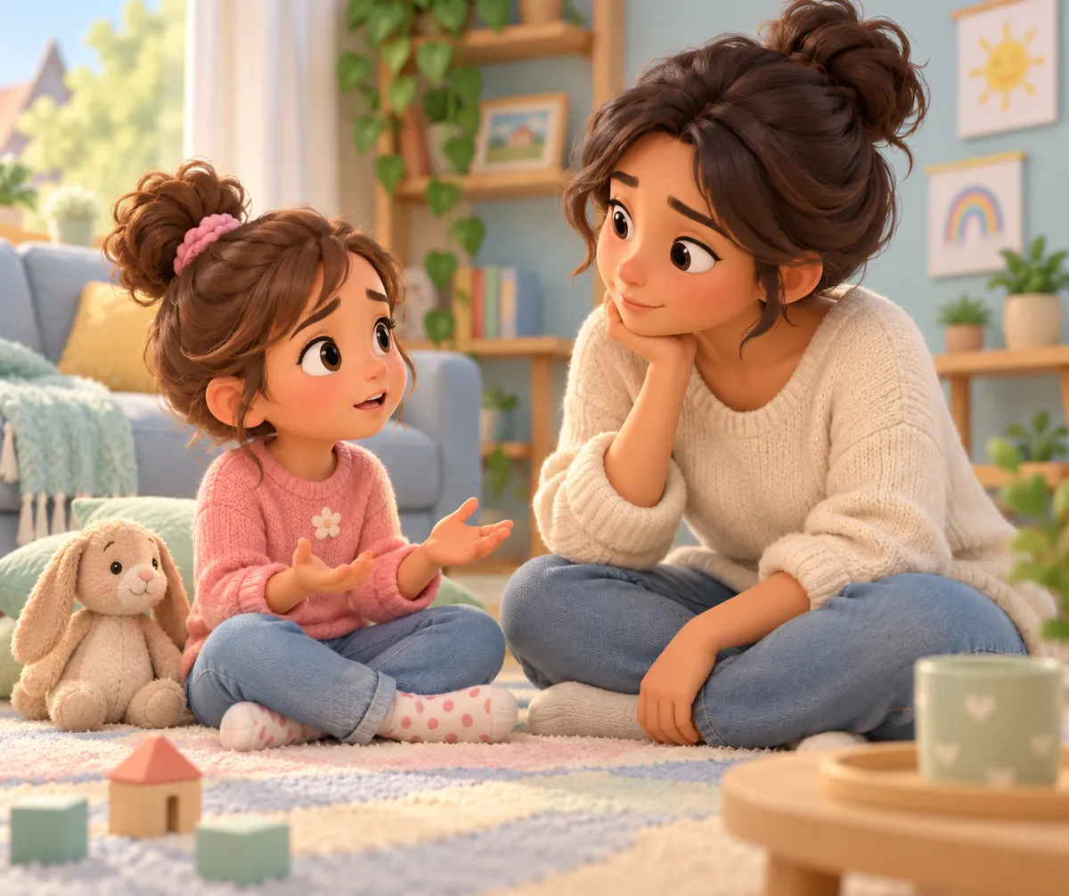 Une mère écoute sa fille qui lui parle assise sur un tapis, avec une peluche et des jouets autour