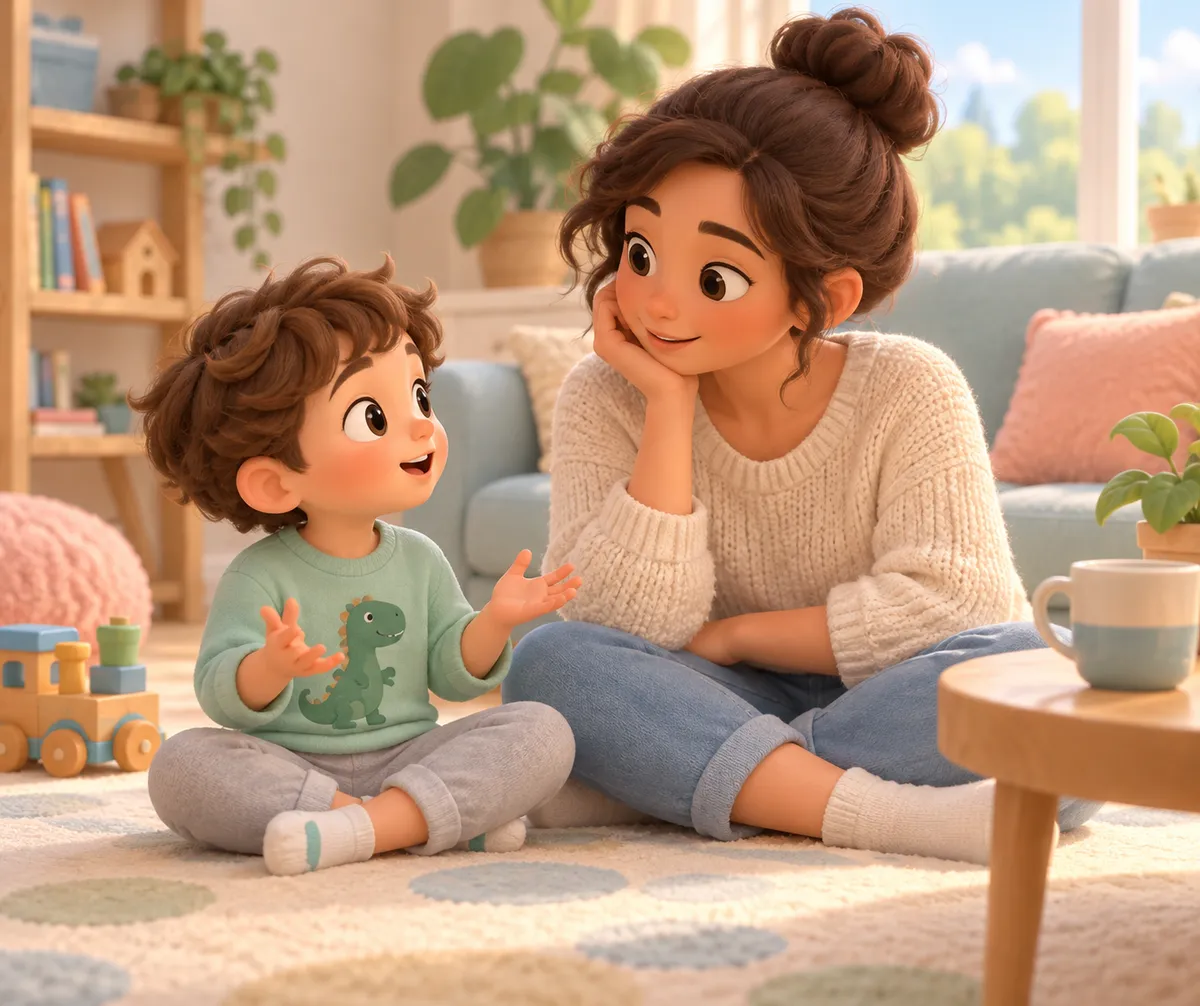 Une mère assise au sol écoute son enfant qui parle dans un salon, entourés de jouets et de plantes