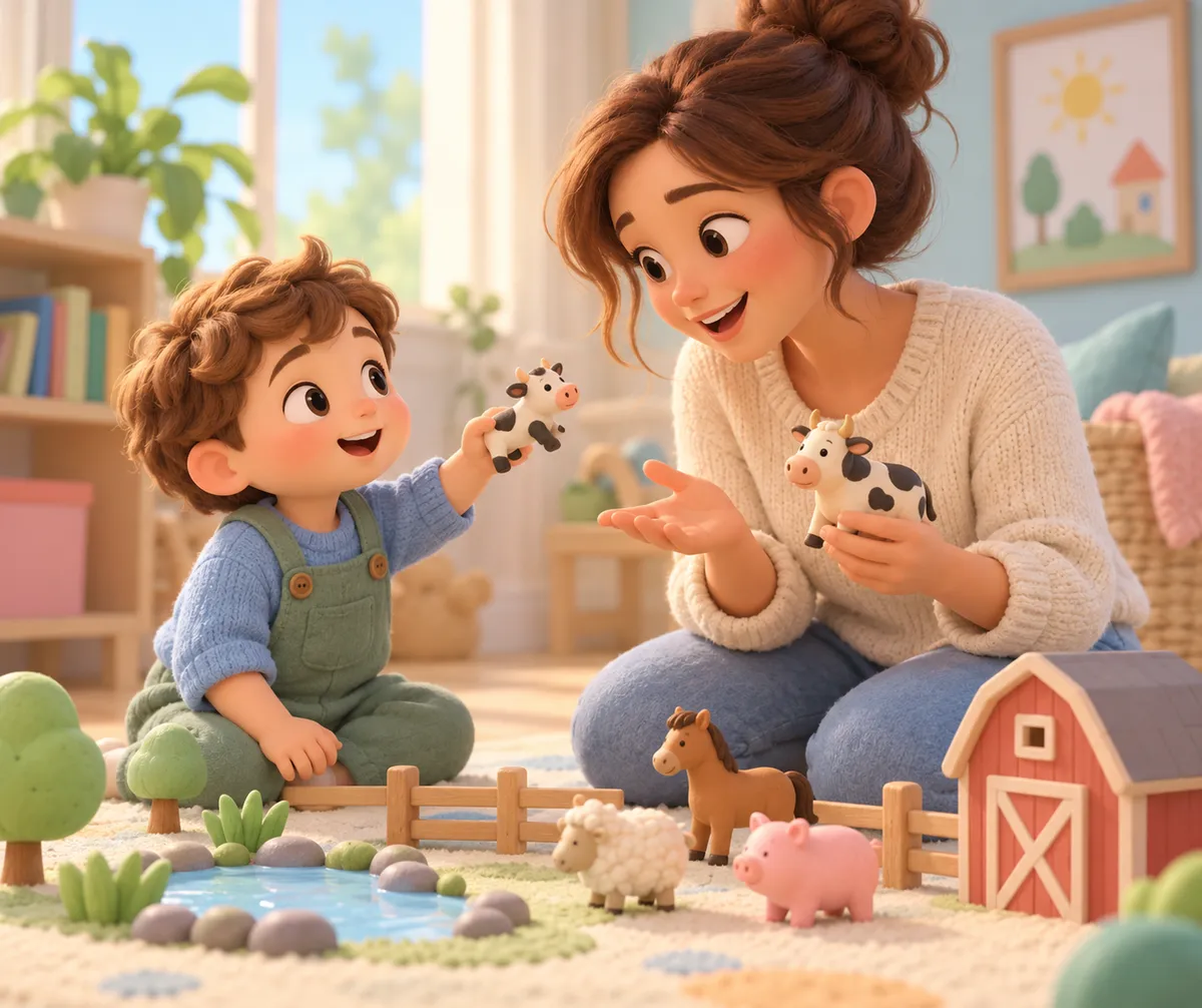 Un jeune enfant montre une vache miniature à sa mère près d’une ferme avec des animaux jouets