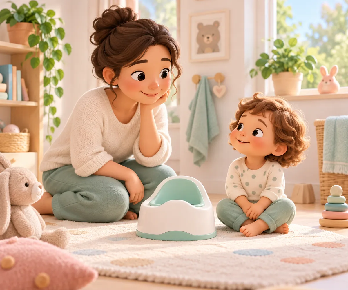 Une mère et son enfant échangent un regard près d’un pot dans une chambre colorée