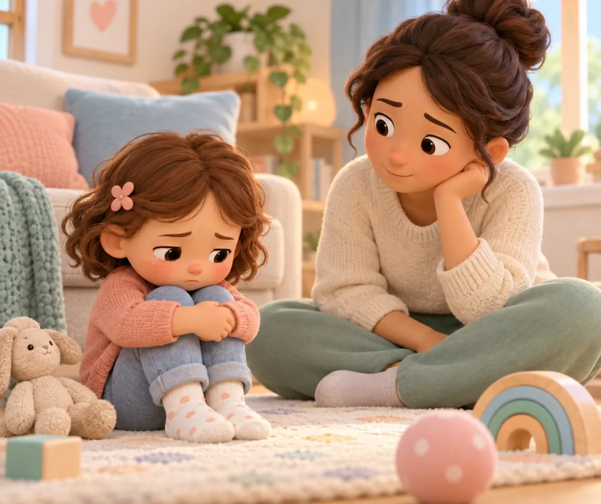 Une mère assise face à une petite fille qui serre ses genoux, entourées de jouets dans un salon