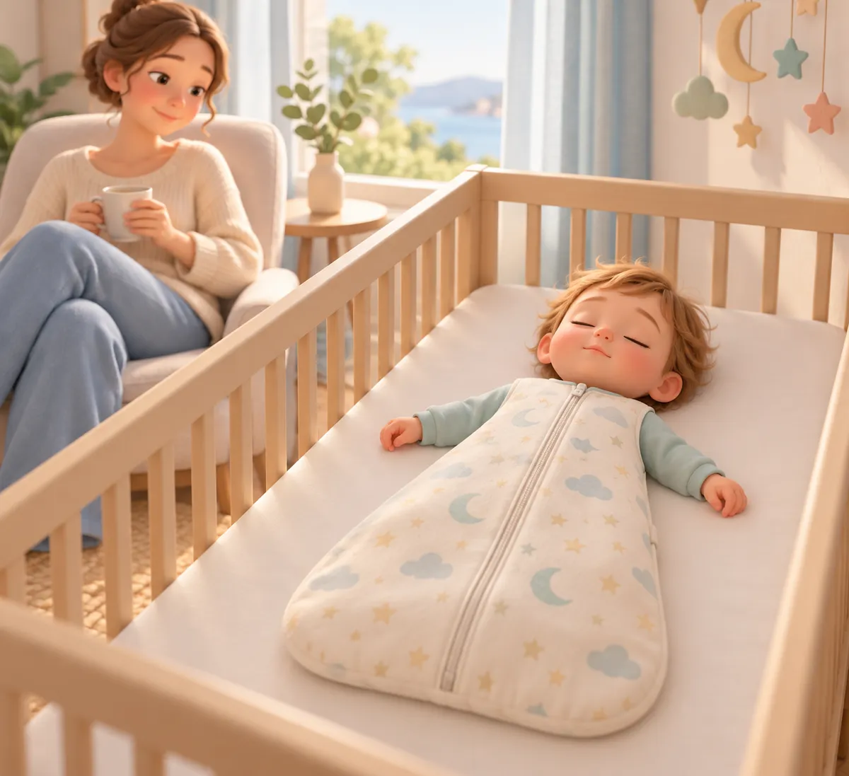 Une femme assise observe un jeune enfant endormi dans un lit, couvert d’une couverture verte