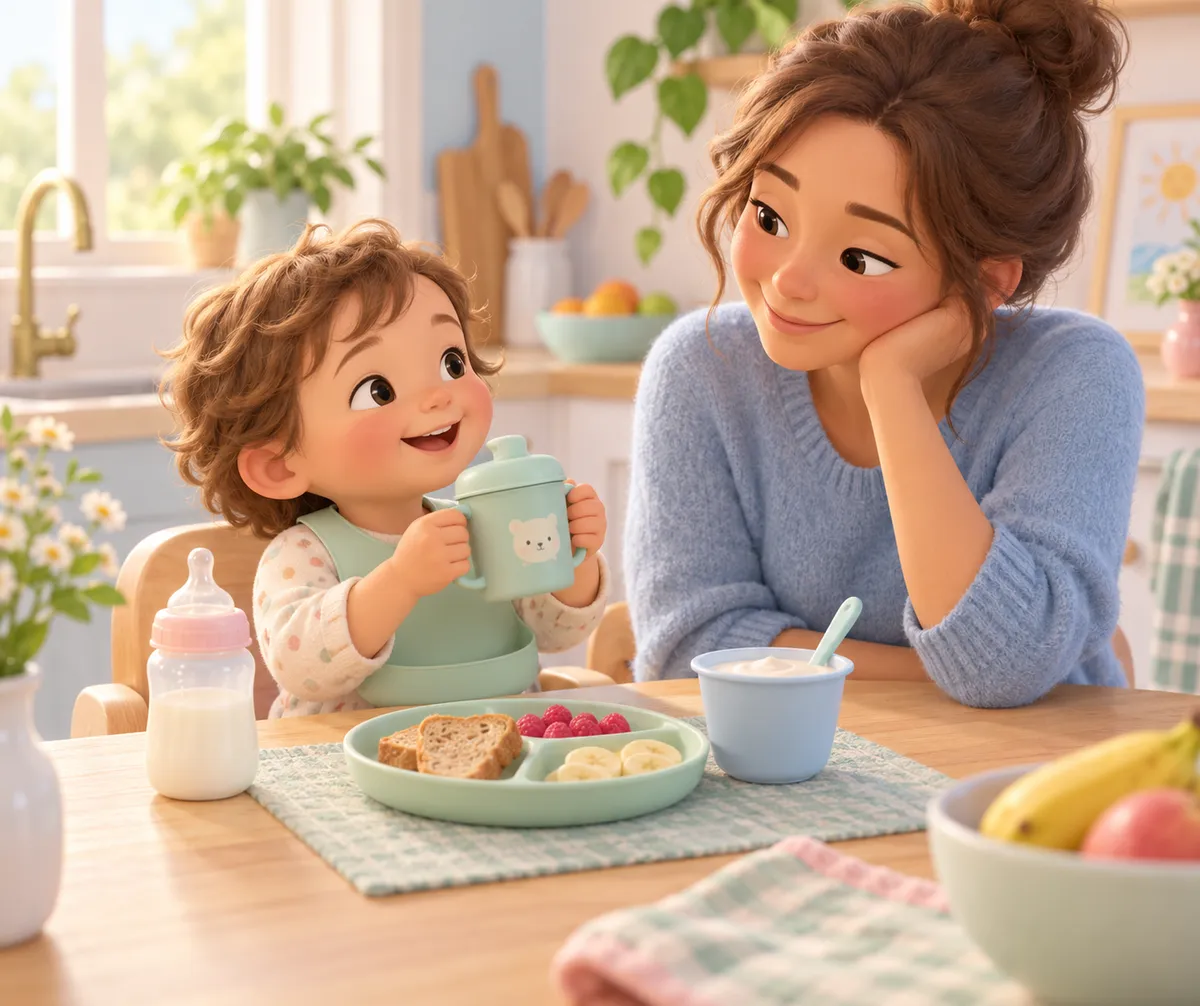 Un jeune enfant tient une tasse à bec face à sa mère, avec un biberon et un petit-déjeuner à table