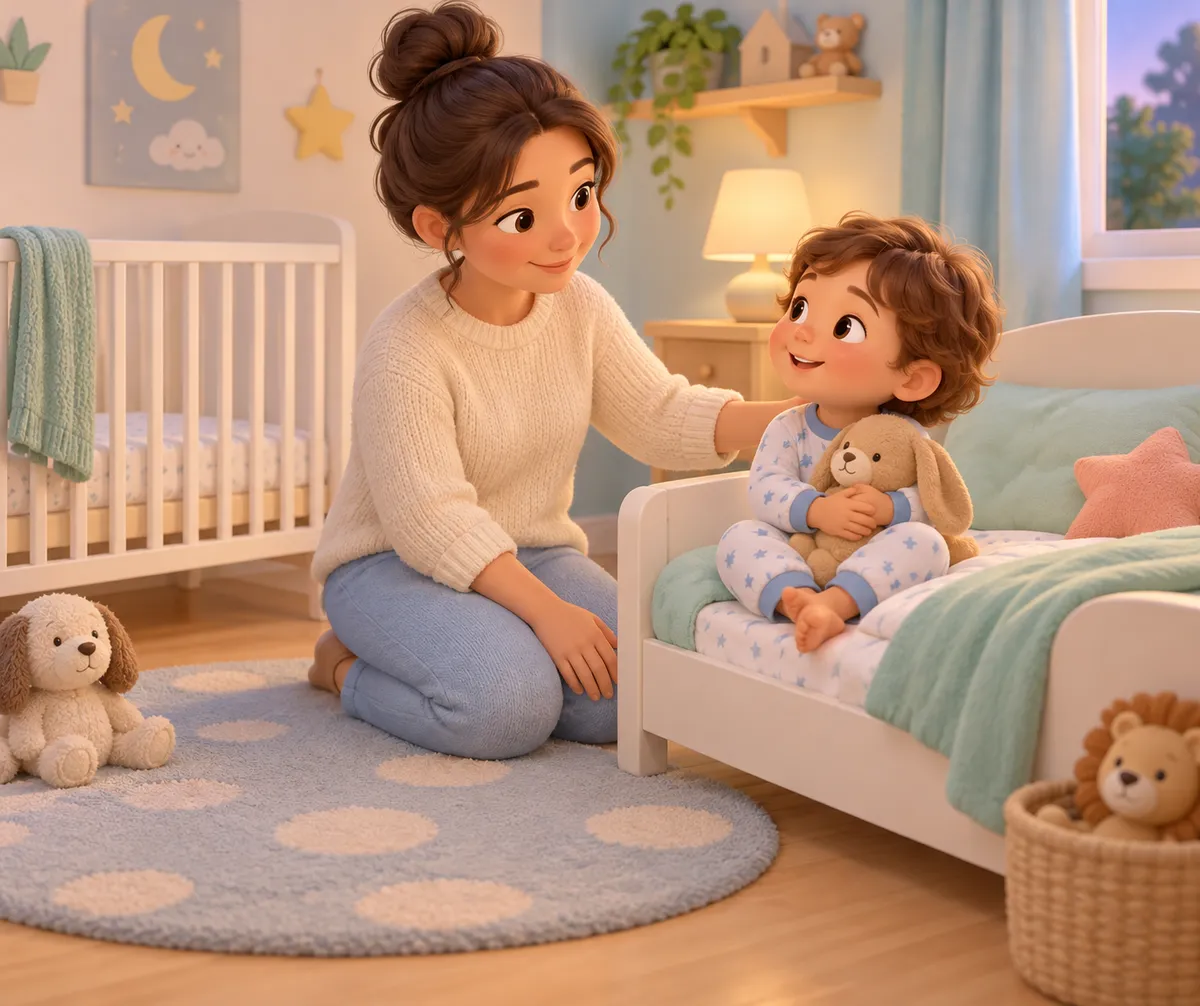 Une adulte accompagne un jeune enfant assis dans un lit de grand, son doudou dans les bras, près d’un lit à barreaux