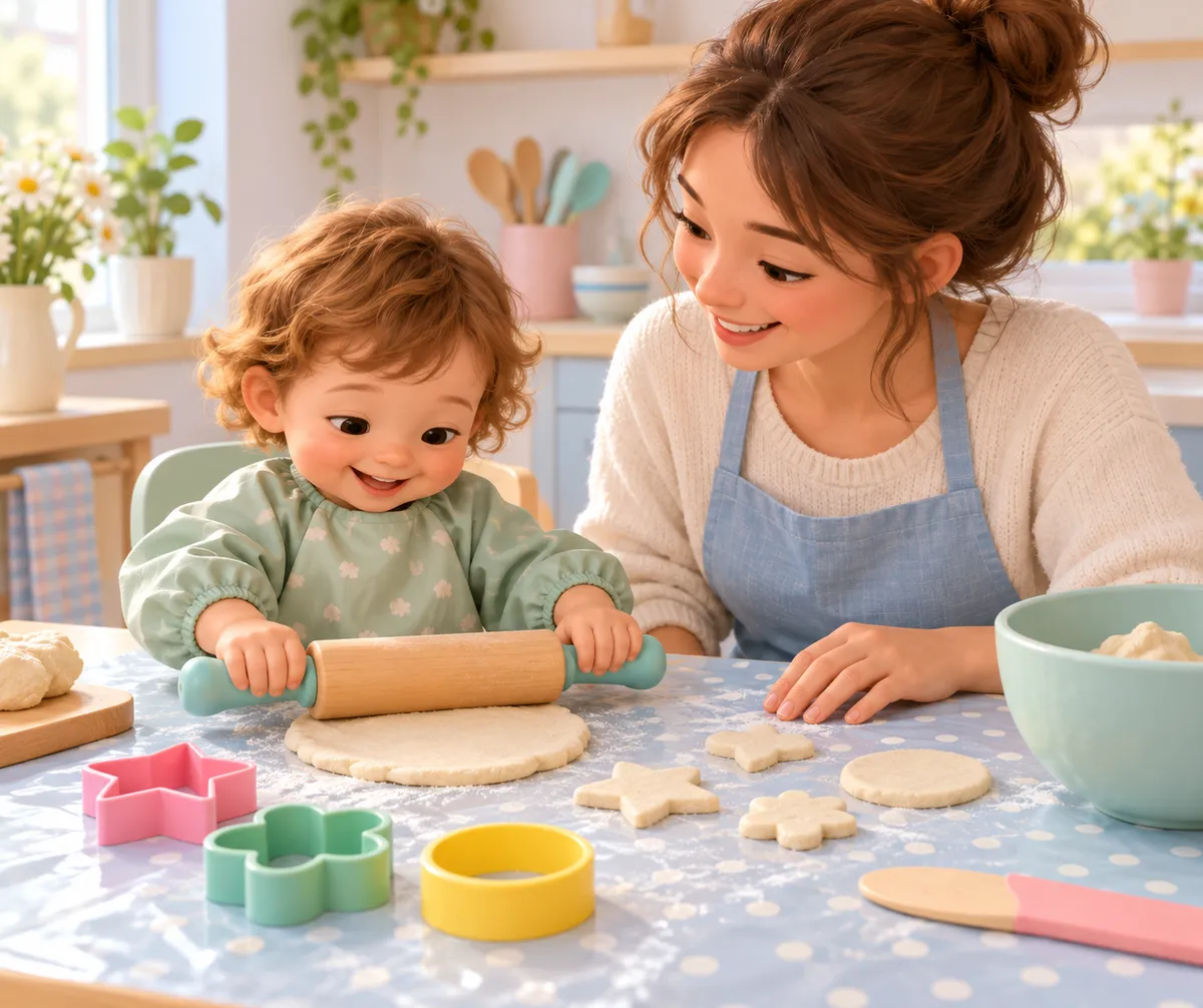 Un jeune enfant étale de la pâte à sel avec un adulte, entouré d’emporte-pièces colorés