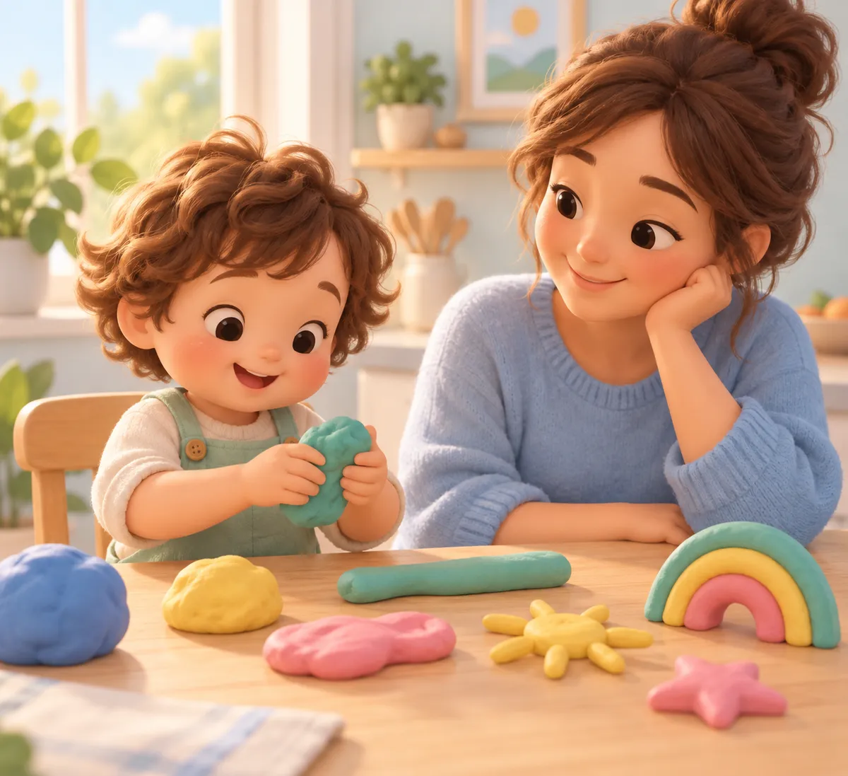 Un enfant façonne de la pâte à modeler colorée à table, sous le regard d’une adulte, avec des formes posées devant lui