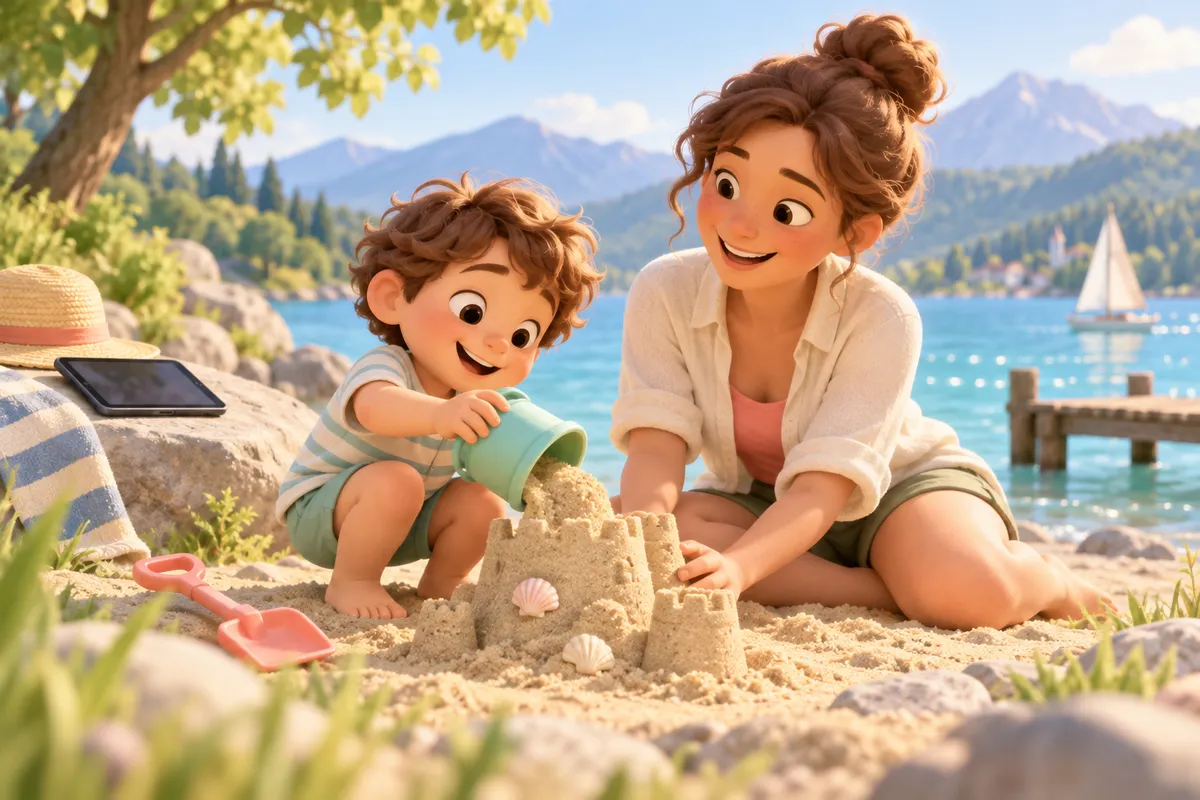 Une mère et son enfant construisent un château de sable au bord d’un lac, une tablette posée à côté