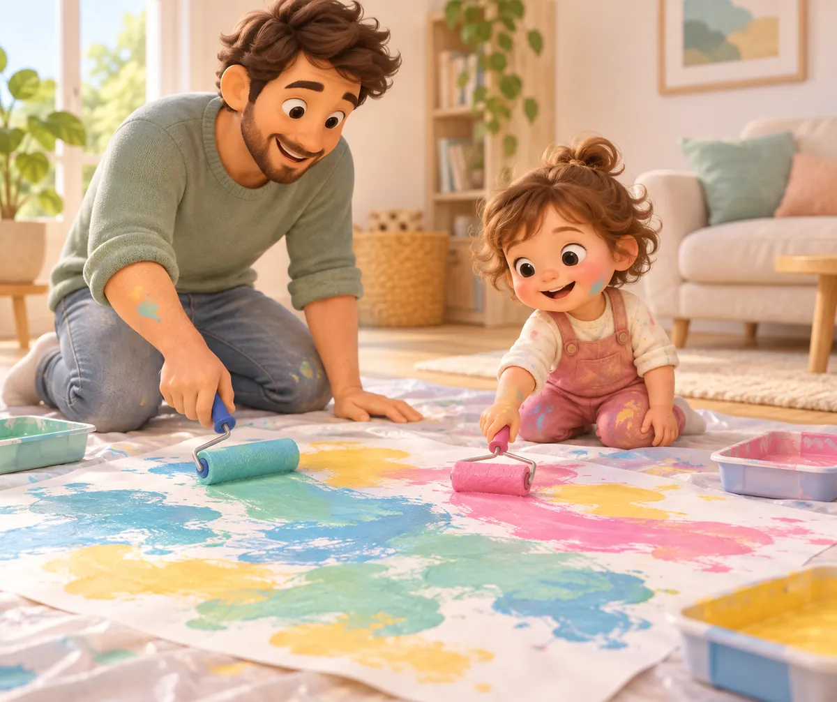 Un adulte et une petite fille peignent ensemble une grande fresque colorée au rouleau dans le salon