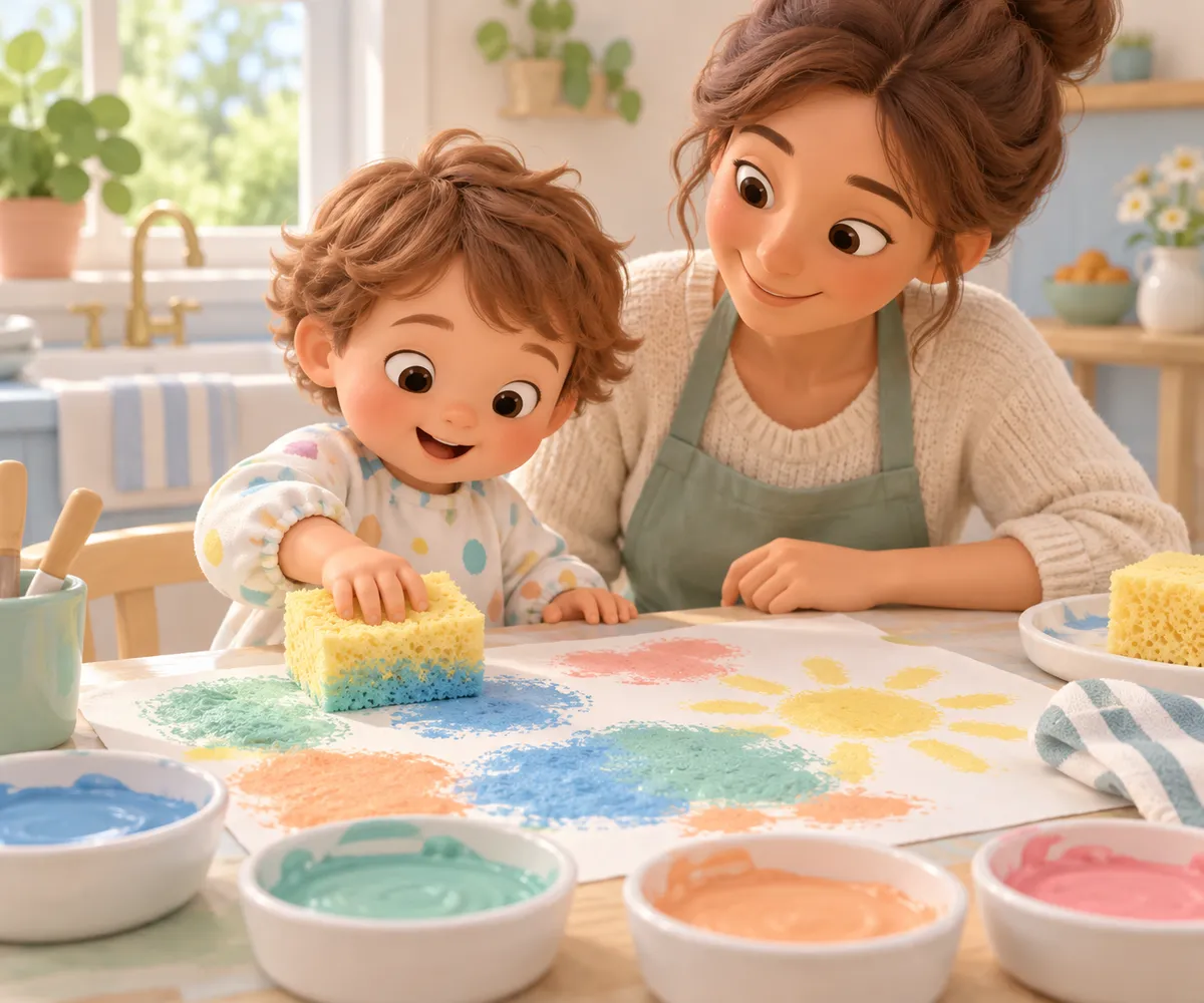 Dans une cuisine, un tout-petit peint à l’éponge avec une adulte devant des bols de peinture colorée