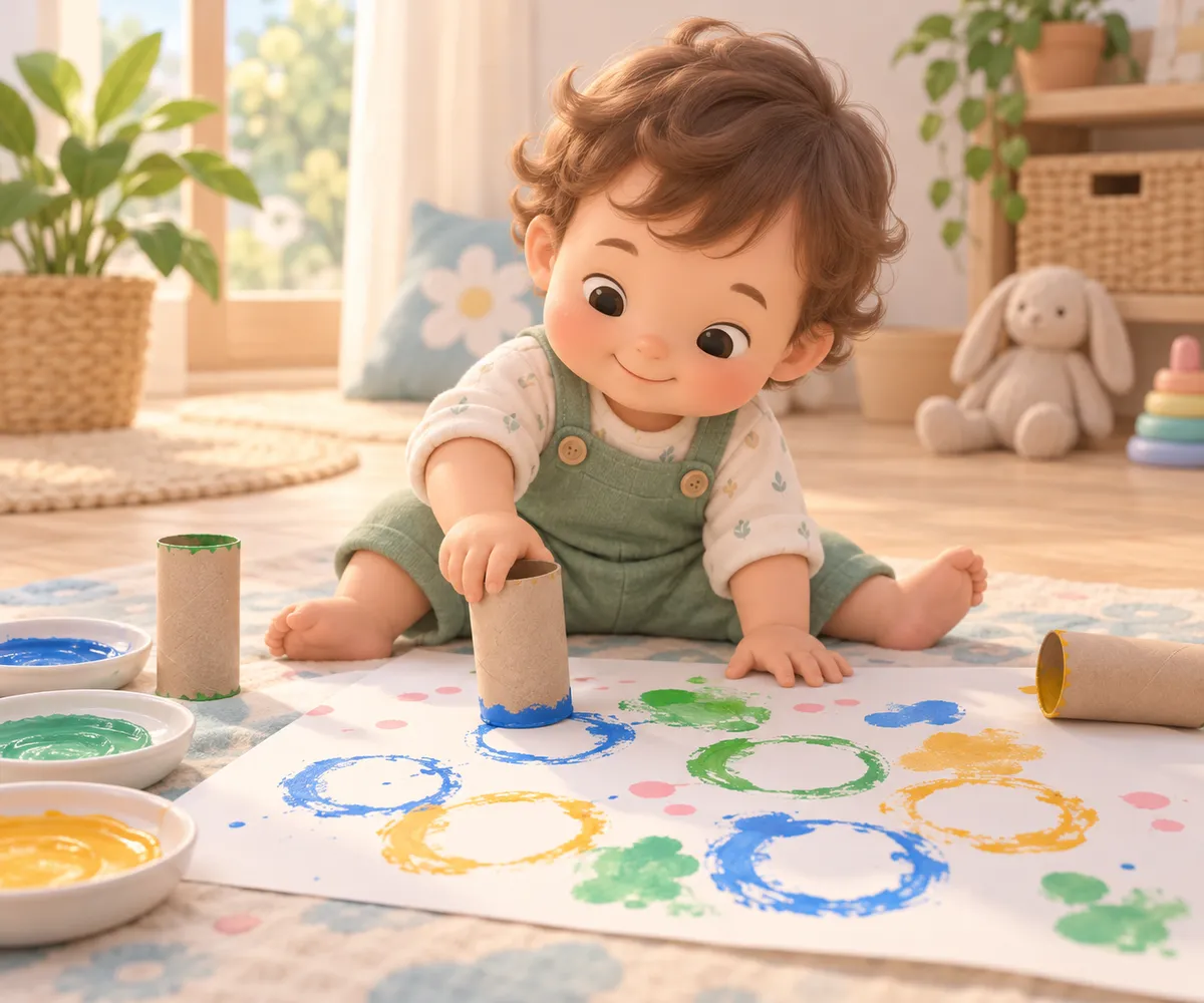 Un jeune enfant assis au sol peint avec un rouleau de papier toilette sur une feuille colorée
