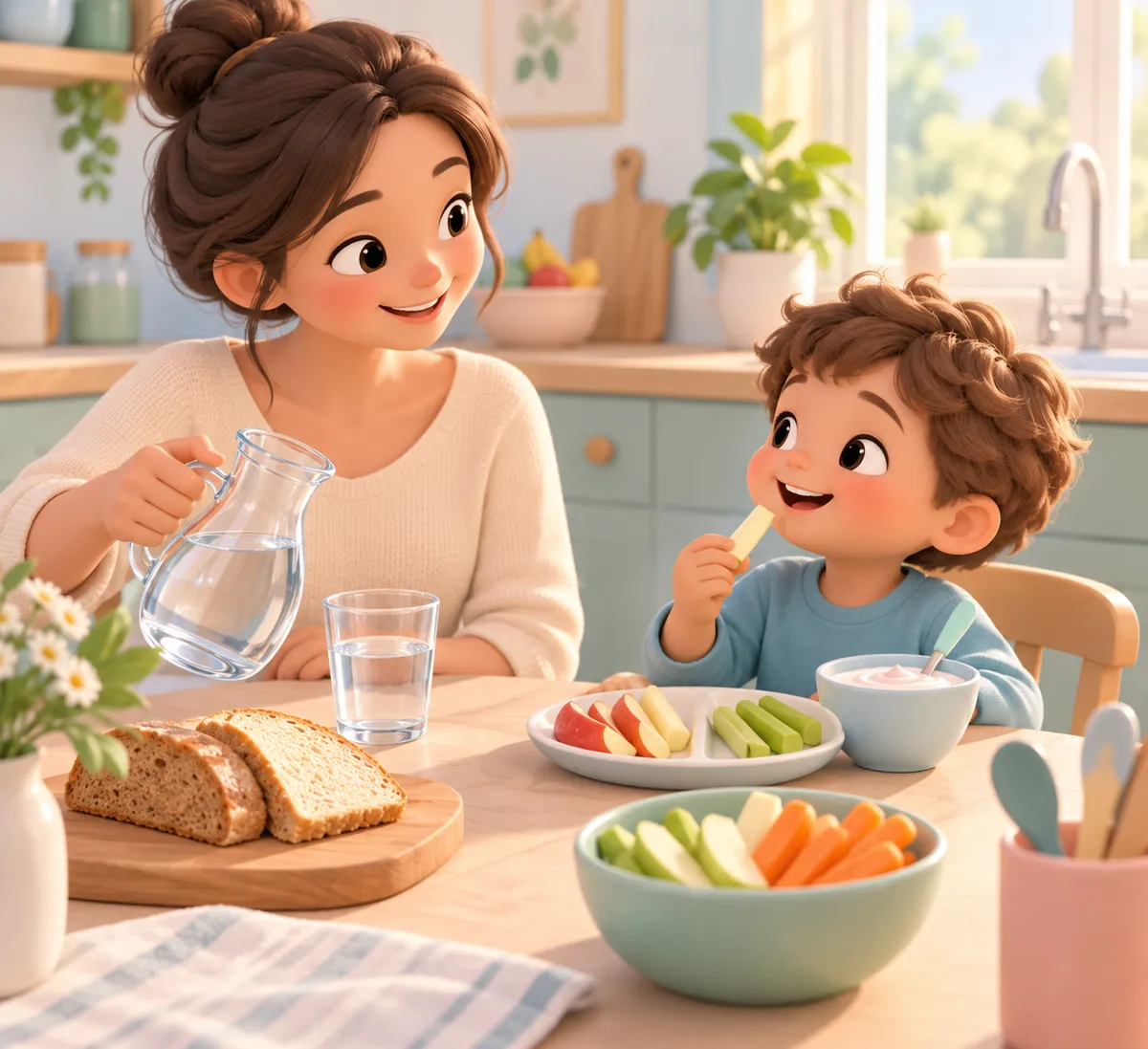 Une mère verse de l'eau tandis qu'un jeune enfant mange des fruits à table dans la cuisine